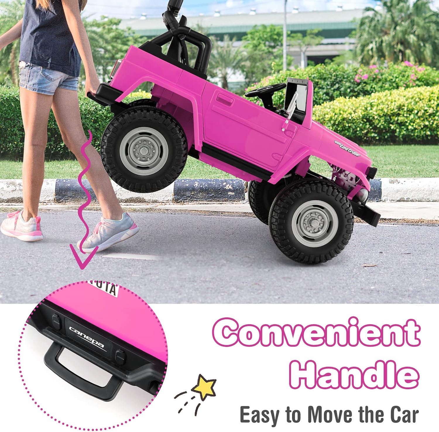 Costzon 2 Seater Ride on Car, 12V Licensed Toyota FJ40 Ride On Truck with 2.4G Remote Control, Spring Suspension, Storage Box, Colorful Lights, Music, USB Port & FM, Electric Car for Kids (Pink)