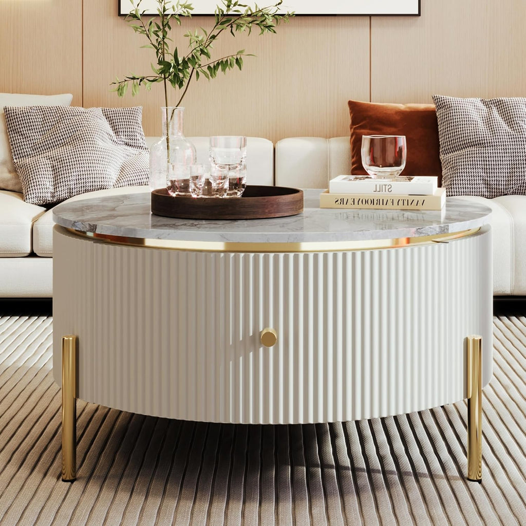 Merax 31.5'' Round Wood Coffee Table, with 2 Large Drawers Storage, Modern Marble Top, with Gold Metal Legs Center Tables for Living Room Apartment, Off White