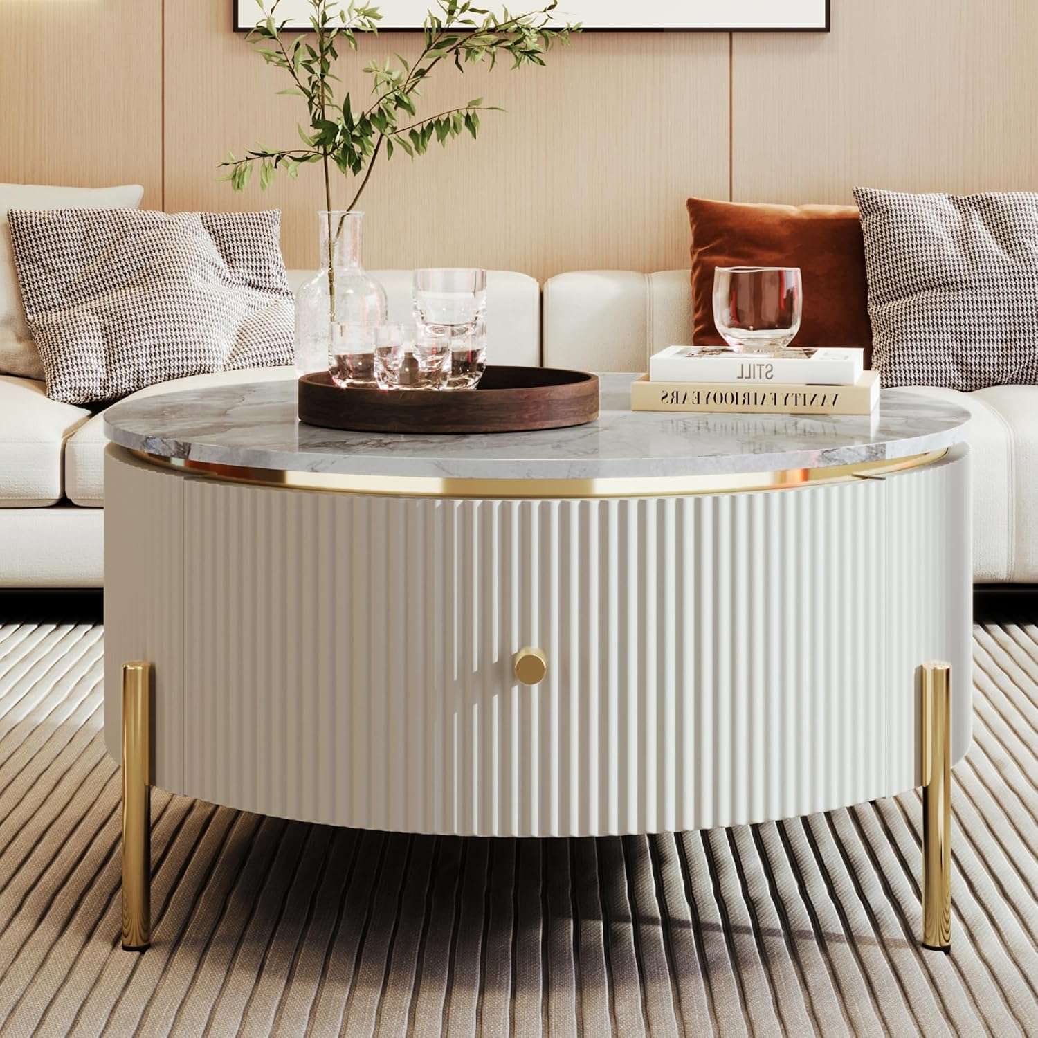 Merax 31.5'' Round Wood Coffee Table, with 2 Large Drawers Storage, Modern Marble Top, with Gold Metal Legs Center Tables for Living Room Apartment, Off White