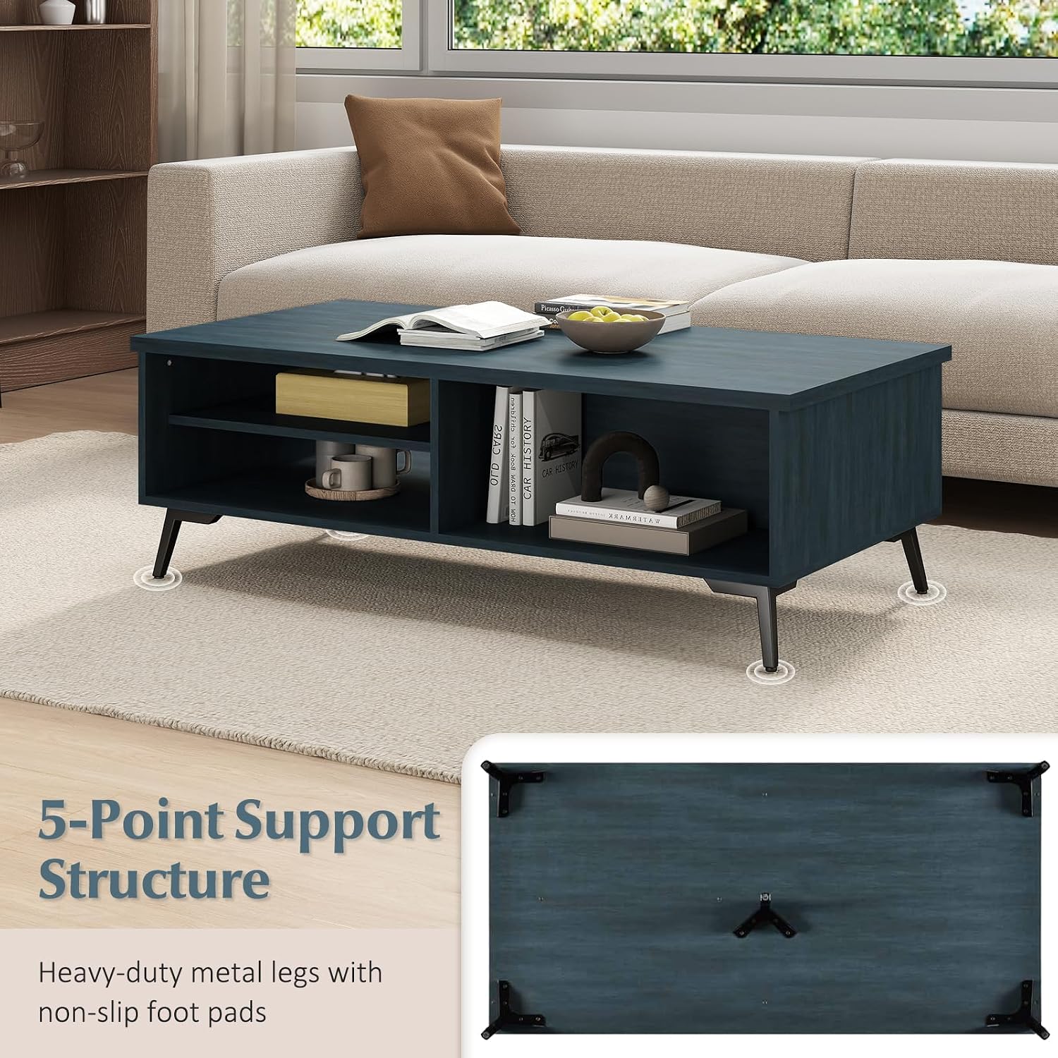 Giantex Mid Century Modern Coffee Table, 2-Tier Wood Rectangular Center Table with Open Storage Shelves, Compartments & Metal Legs, Vintage Living Room Tables for Reception (Charcoal Blue)