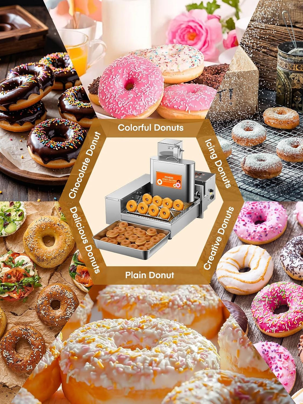 FOHERE Commercial Automatic Donut Maker Machine, 1750W 4-Row Mini Donut Fryer, 3L Hopper with Intelligent Control, 250PCS/H High Capacity, Stainless Steel for Bakeries, Cafes & Dessert Shops (Silver)