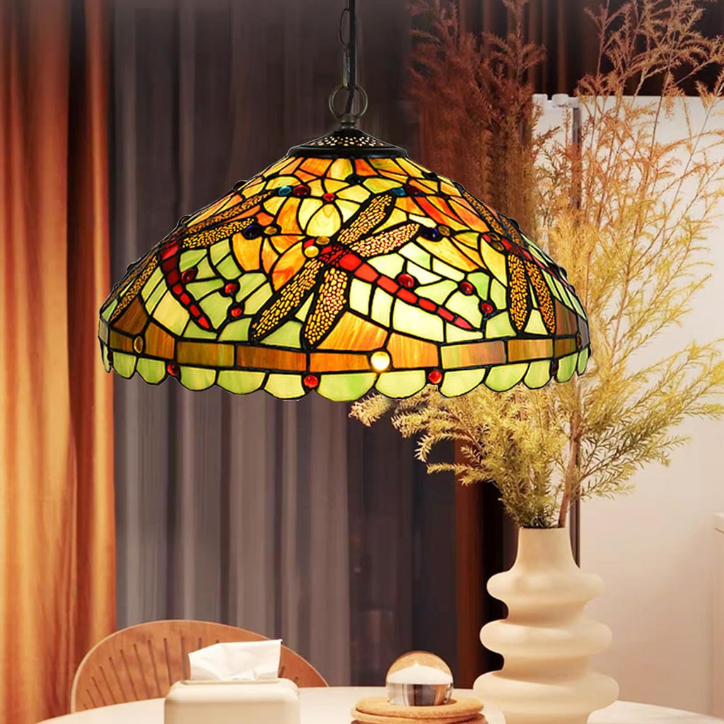 W16H9 Inch Tiffany Lamp Shade Replacement, Stained glass Dragonfly style Lampshades, Only Handmade Retro lampshade Replacement for Table Lamp Pendant Light Floor Lamp Ceiling Fixture,Green