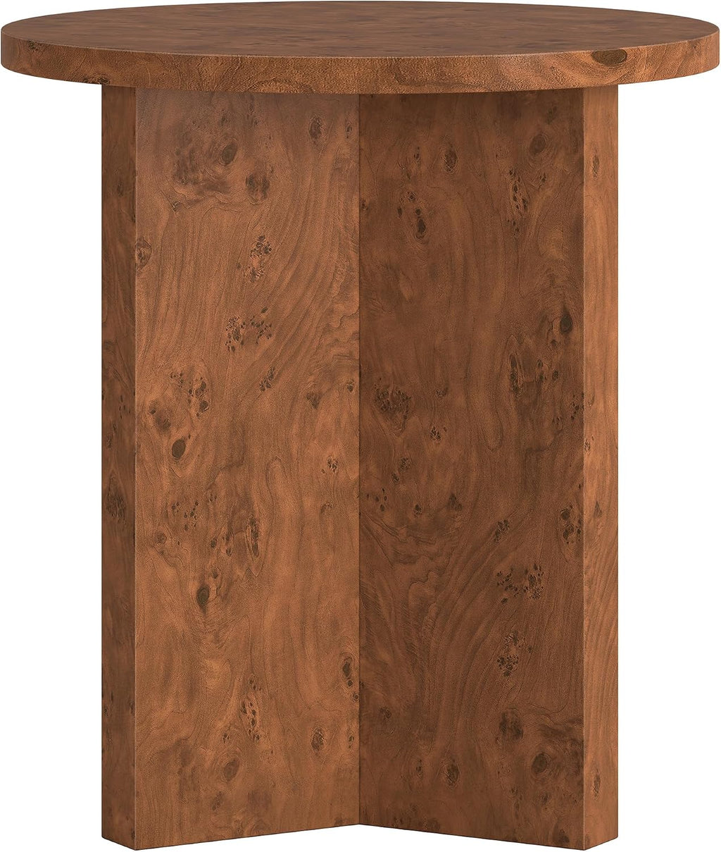 Henn&Hart 20' Scandinavian Round Wooden End Table, Side Table, Nightstand with X-Base for Living Room, Office, Family Room, or Bedroom, Chestnut Burl