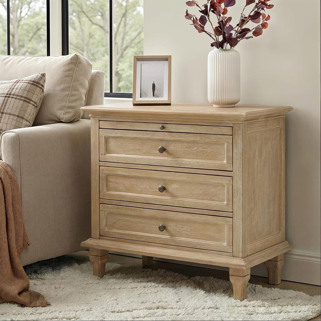 HULALA HOME Farmhouse 3 Drawer End Table with Tray, Drawer Organizer with Solid Wood Legs, End Table with Charging Station（Natural）