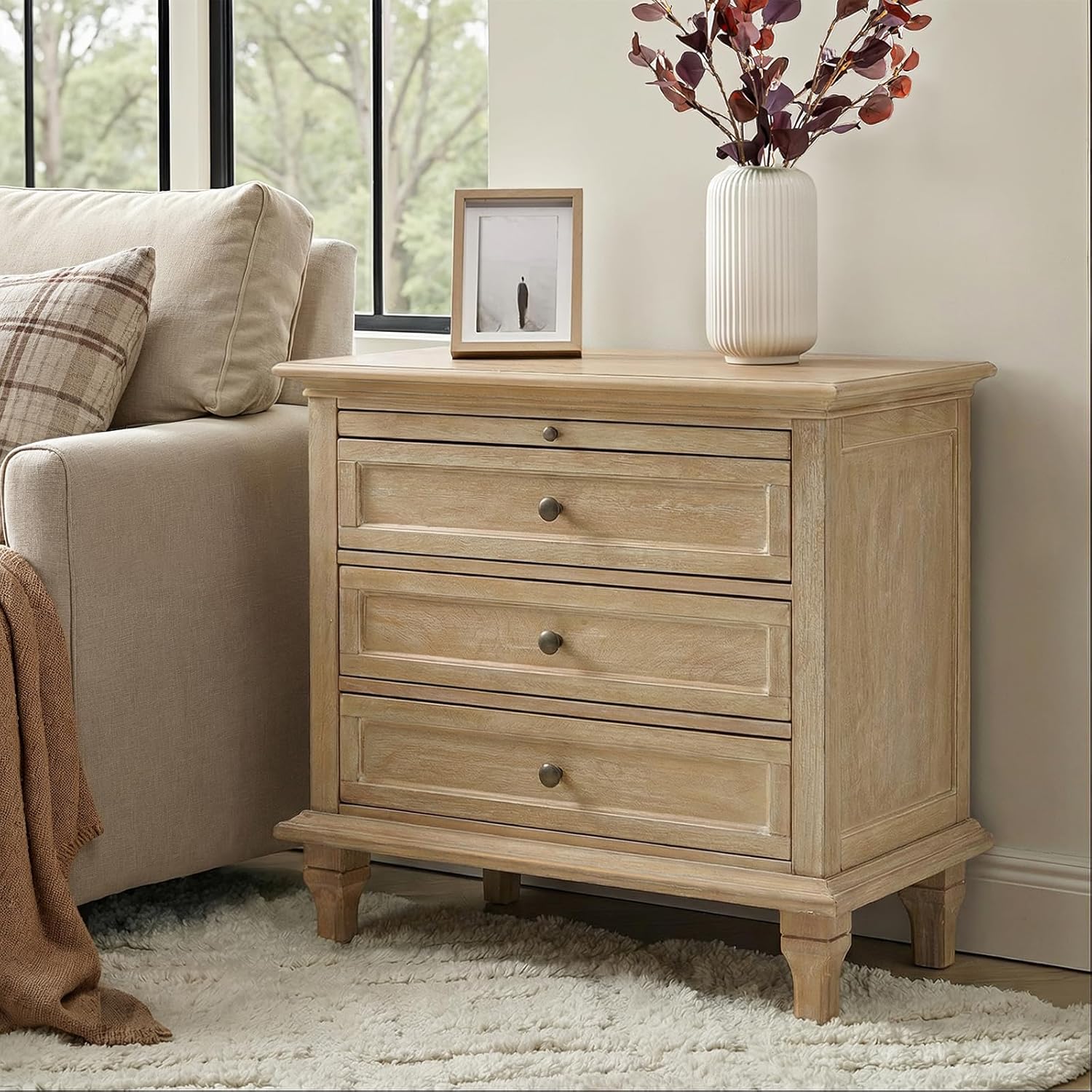 HULALA HOME Farmhouse 3 Drawer End Table with Tray, Drawer Organizer with Solid Wood Legs, End Table with Charging Station（Natural）
