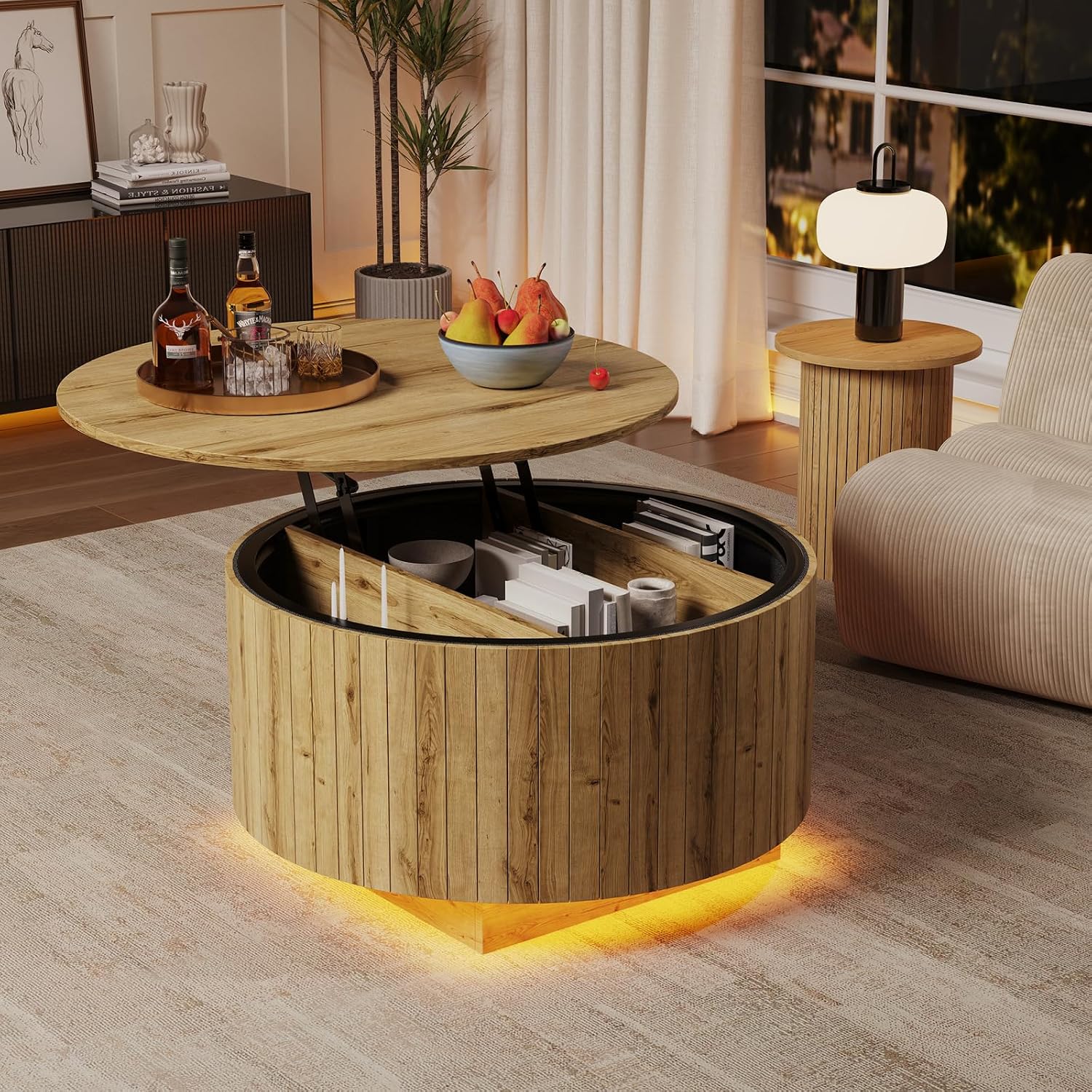 kepptory Round Lift Top Coffee Table with LED Lights, Mid Century Modern Wooden Coffee Tables with 3 Storage Space, Circle Center Table for Living Rooms,Dining Room,Bedroom Home Office,APP LED Lights