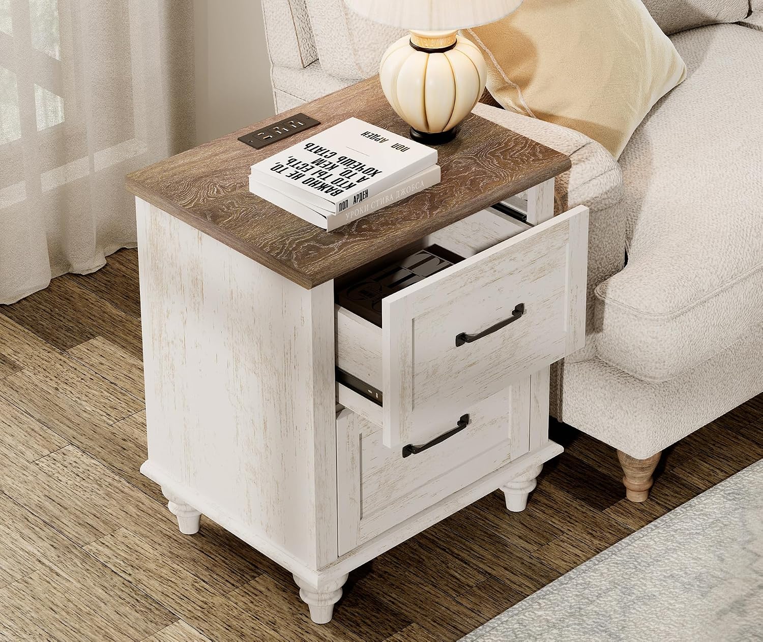 WAMPAT Antique White Side Table Nightstand with Charging Station, Wood End Table with 2 Drawers for Living Room, Rustic Night Stand Farmhouse Bedside Table for Bedroom, Kids Room