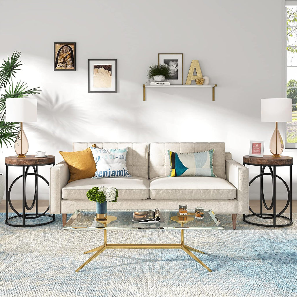 Tribesigns Round End Tables for Living Room Set of 2, 20-Inch Wide, Industrial Side Table with Metal Frame and Wood Top, Modern Circle Accent Table, Tall Narrow Nightstand for Bedroom (Rustic Brown)