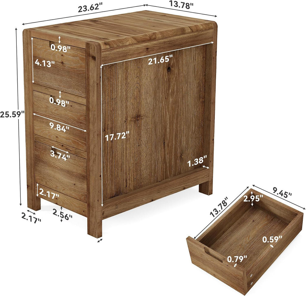LITTLE TREE 3-Drawer Real Wood End Table, Narrow Side Table with Storage Drawers, Solid Wood Sofa Side Table for Living Room, Slim Nightstand Bedside Table for Bedroom, Natural Wood Color
