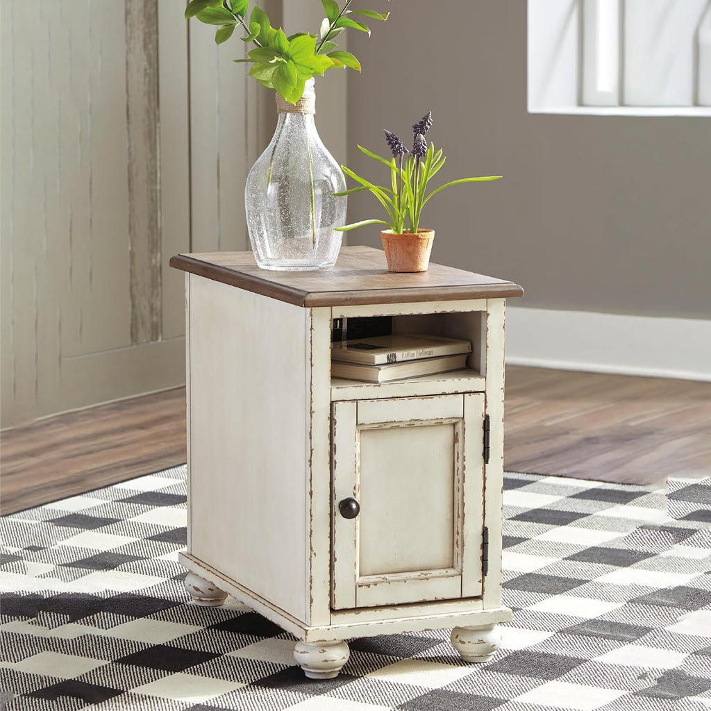 Signature Design by Ashley Realyn French Country Chair Side End Table, Cabinet Storage with Shelf, Outlets and USB Ports, Wood, 14' W x 24' D x 23.13' H, Cream