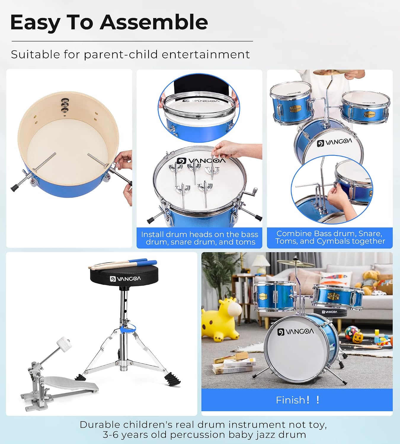 Kids Drum Set, 14 Inch Beginner Drum Kits, 3 Piece Drum Set for Kids Boys Girls, with Adjustable Throne, Cymbal Pedal, Drumsticks, Blue