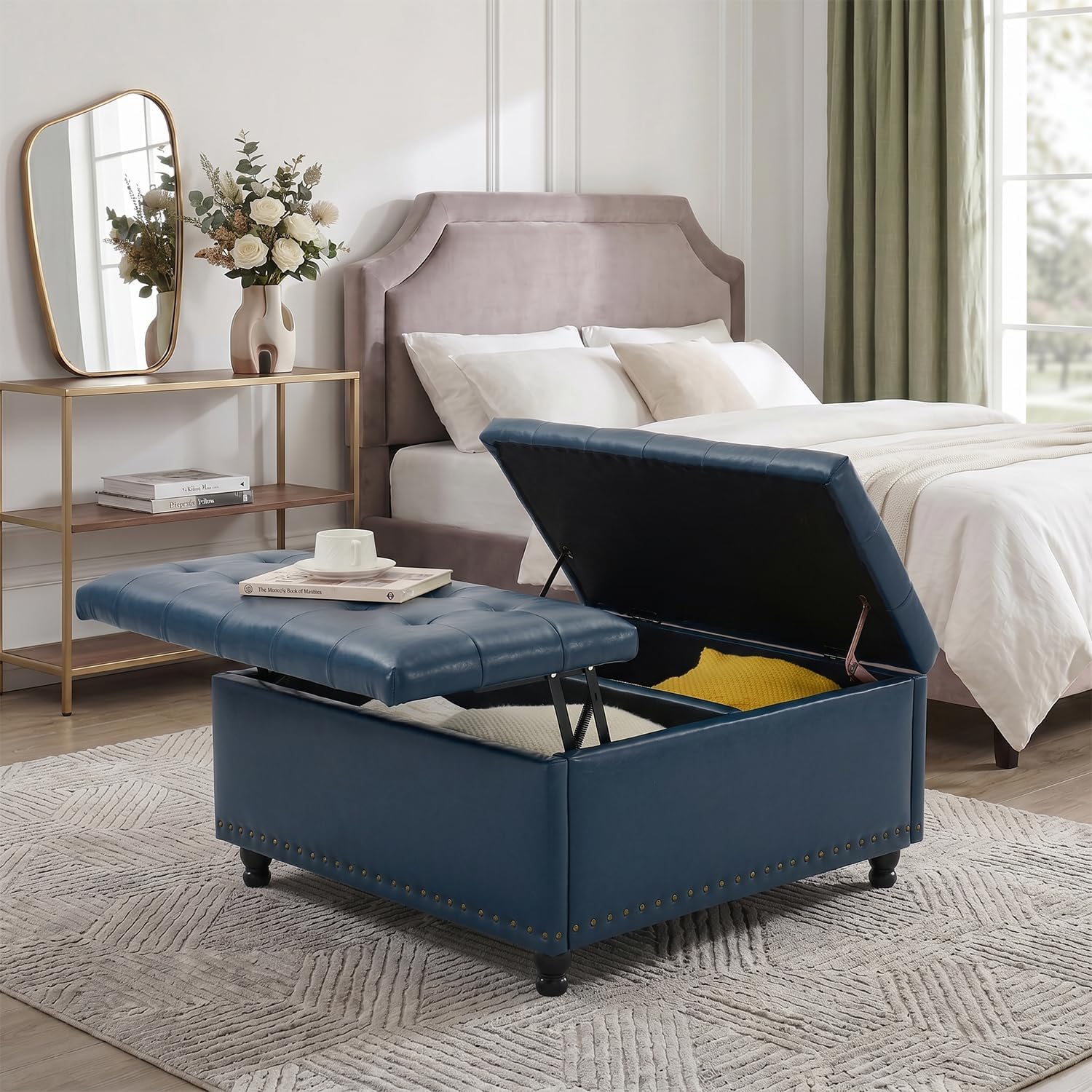 Tbfit Large Square Storage Ottoman Bench, Tufted Upholstered Coffee Table Ottoman with Lift Top & Wooden Legs, Oversized Storage Ottomans Toy Box for Living Room (Blue PU)