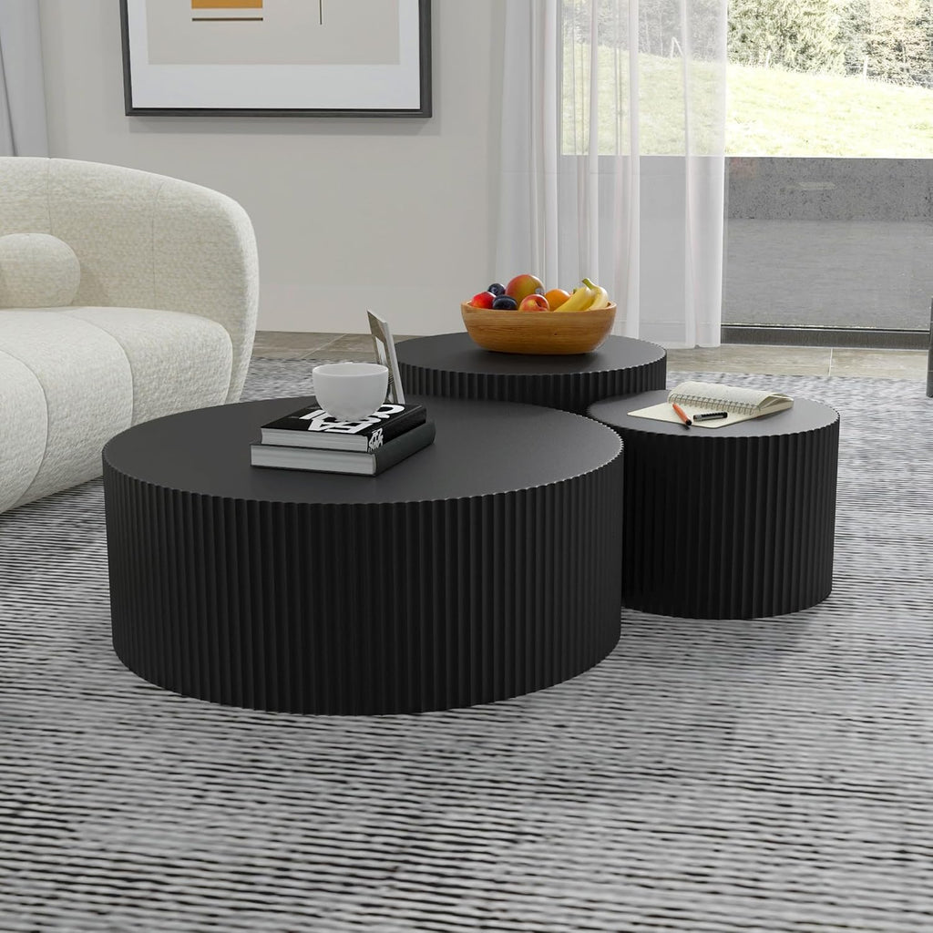 WILLIAMSPACE Black Round Coffee Table Set of 3, Modern Circle Wood Coffee Table Set, 3 Peice Nesting Coffee Accent Side Table End Table for Home Office, No Assembly (3 PCS, Black)
