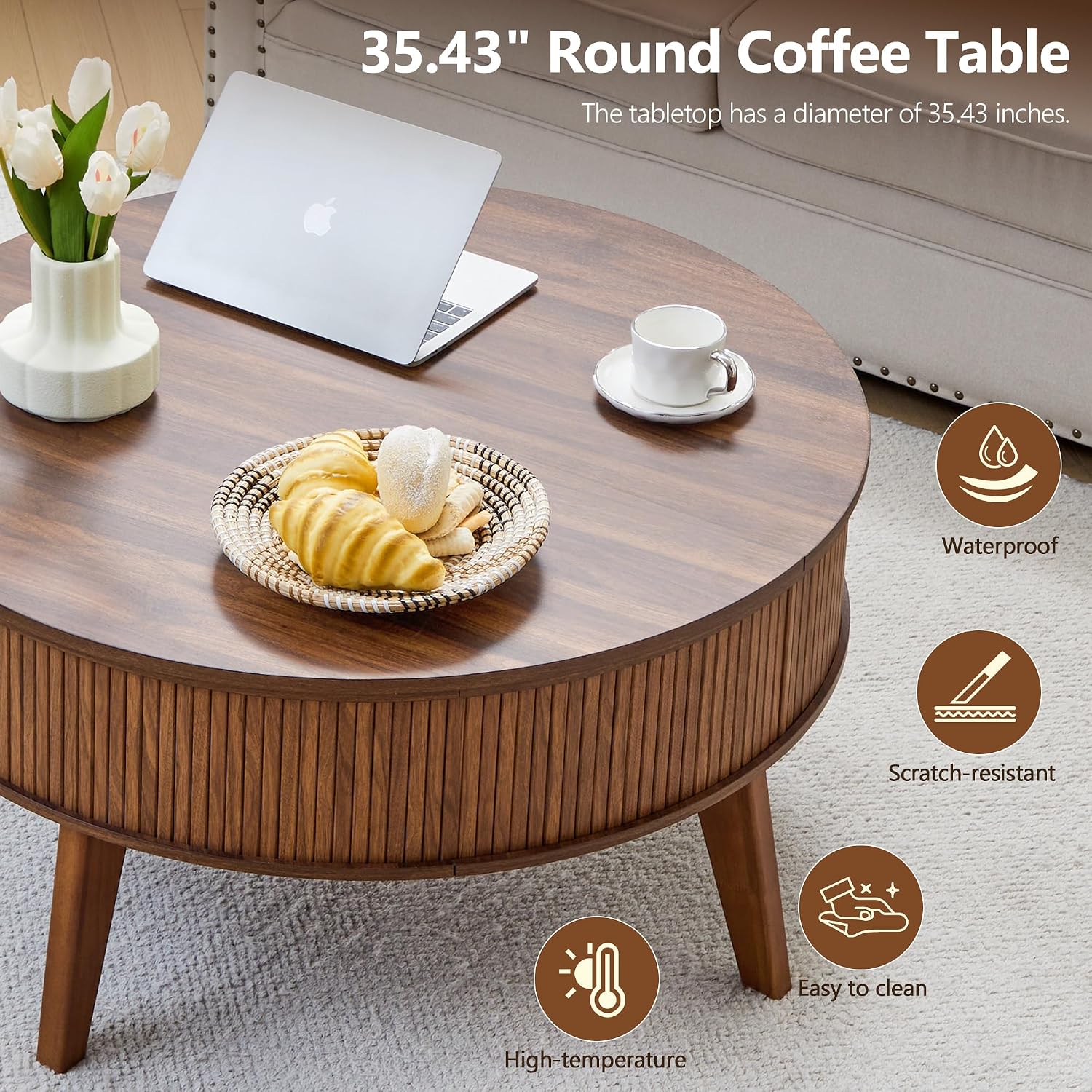 Round Lift Top Coffee Table with Storage, 35.4'' Fluted Wood Center Table Mid Century Modern Coffee Table with Lifting Top for Living Room, Office, Small Space (Walnut)