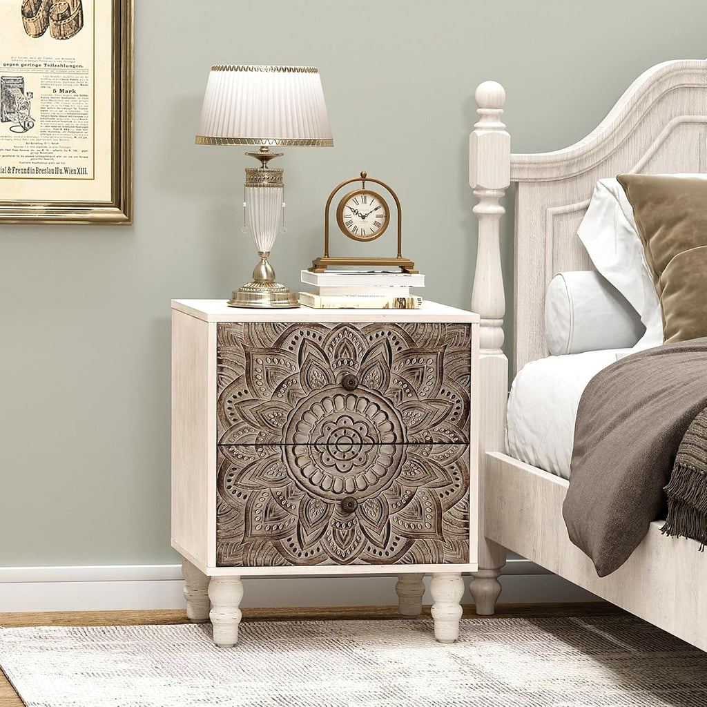 COSIEST Vintage Nightstand, 18' Wide Wood Small Bed Side Table with 2 Drawers, Accent Bedside Table, Bedroom Furniture for Home, Office (Lotus Pattern)