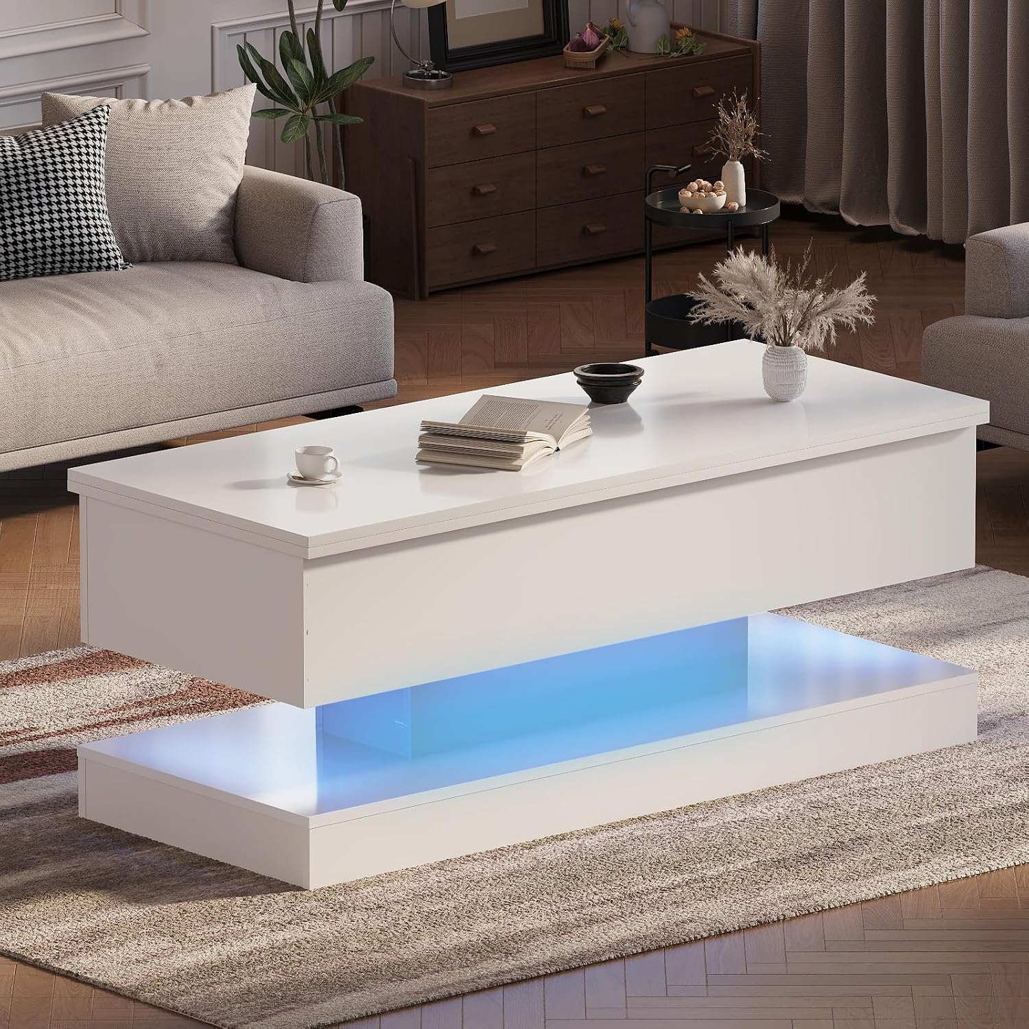 GarveeHome 47.2 Inch Large Lift Top Coffee Table Modern High Glossy LED Storage Table with APP Control for Living Room Dining Room Home Office White 47.2' l*19.29' w*17.72' h
