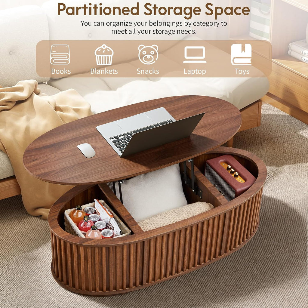 Oval Coffee Table, 43.3'' Fluted Lift Top Coffee Table with Hidden Storage Compartment, Mid Century Modern Dining Table Wooden Center Table for Living Room, Office, Small Spaces (Walnut)