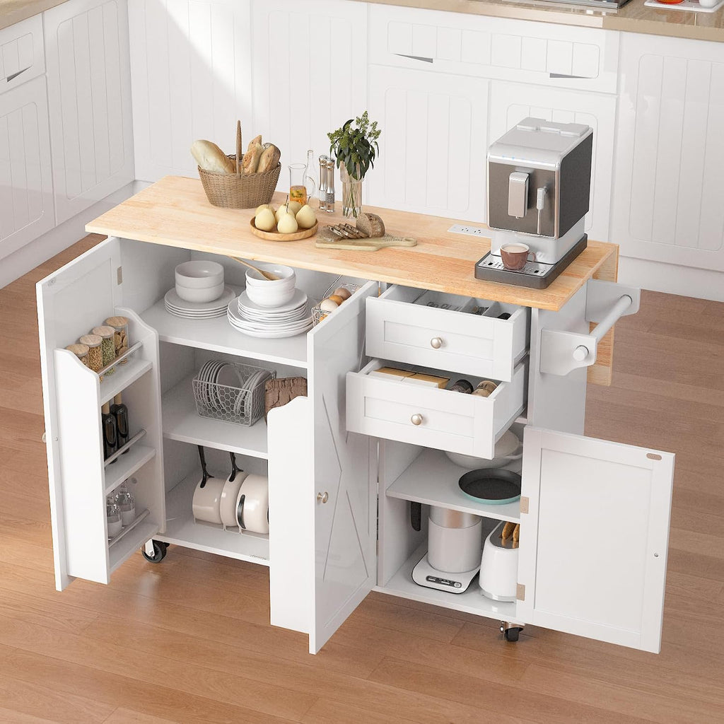 HOMREST 50.4' Kitchen Island with Drop Leaf & Power Outlet, Farmhouse Rolling Island Cart with 3 Spices Shelves on Wheels, Mobil Kitchen Island Table with Rubberwood Countertop Towel Rack, White
