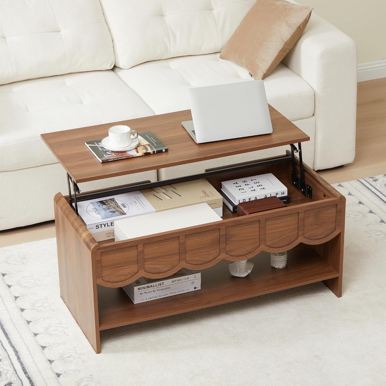 Lift Top Coffee Table with Hidden Compartment, 2 Tier Wooden Center Table with Wave Panel, Modern Lift Tabletop for Home Living Room Office, Walnut