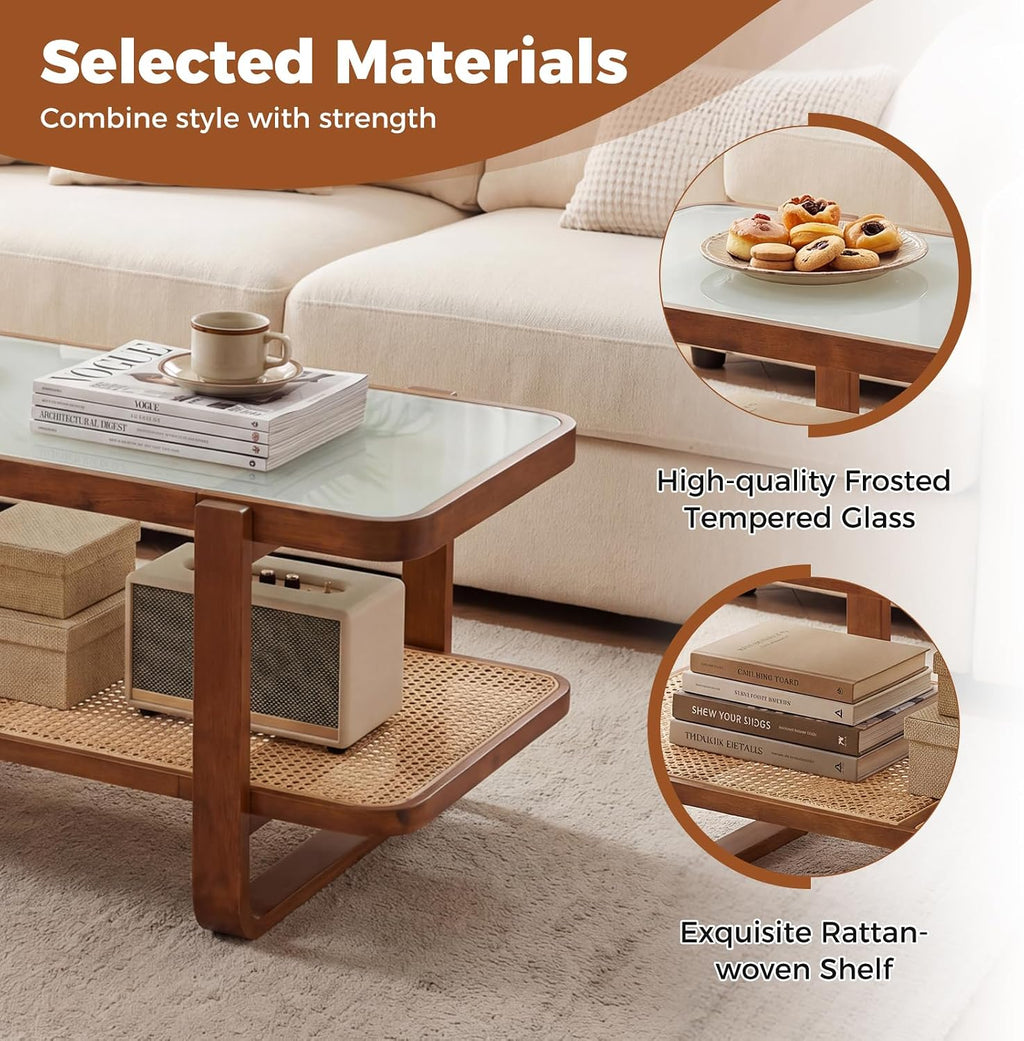 Giantex Rattan Coffee Table, 41.5' Farmhouse Center Table with Storage & Frosted Tempered Glass, Wood Boho Accent Cocktail Tea Table, Modern Living Room Table for Small Spaces, Walnut
