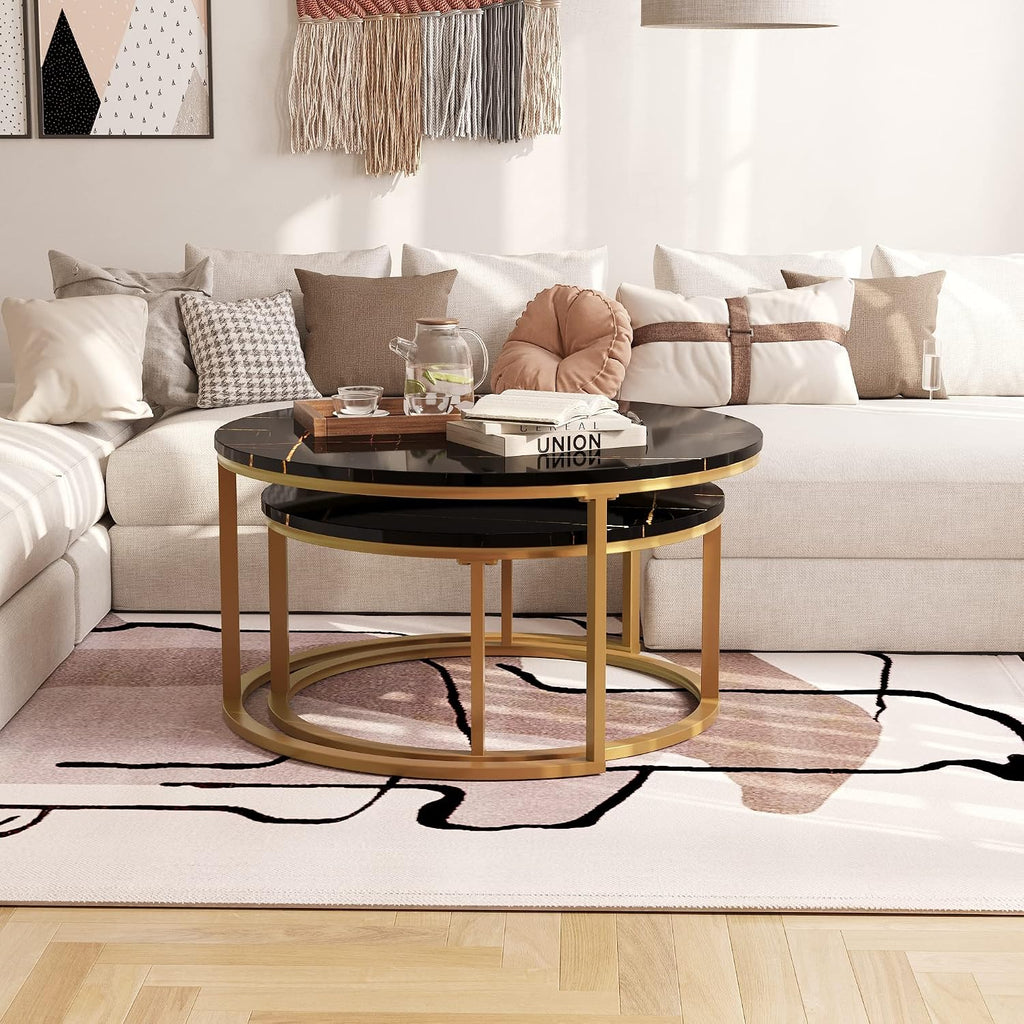 WiberWi Round Coffee Table Nesting Tables Set of 2, Large : Ø 34.0', Small : Ø 26.0', Modern Design Coffee Tables for Living Room, Gold Metal Frame Circle Cocktail Table, High Glossy Faux Black Marble