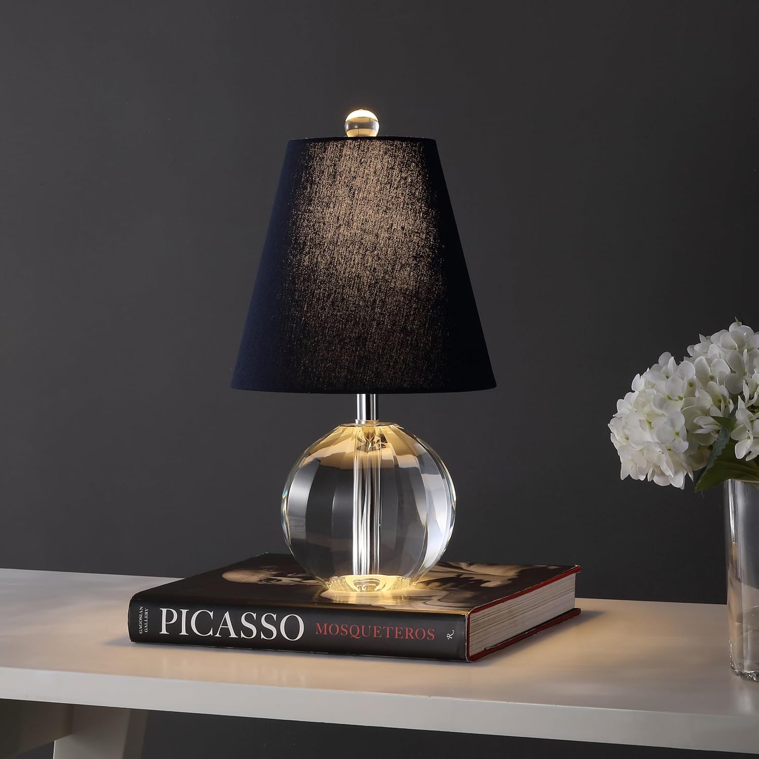 JONATHAN Y 16' Clear/Navy Crystal Ball LED Table Lamp, White Modern Bedside Lamp, with White Linen Empire Shade, Glam Orb Glass Nightstand Lamp for Living Room, LED Bulb (JYL2079D)