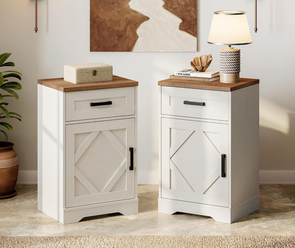 WAMPAT 2 Pack End Table with 1 Drawer & Barn Door, Farmhouse Sofa Side Table, Modern 31.9 inch Tall Nightstand Set of 2 with Adjustable Storage Shelf, Accent Cabinet for Living Room,Antique Brown