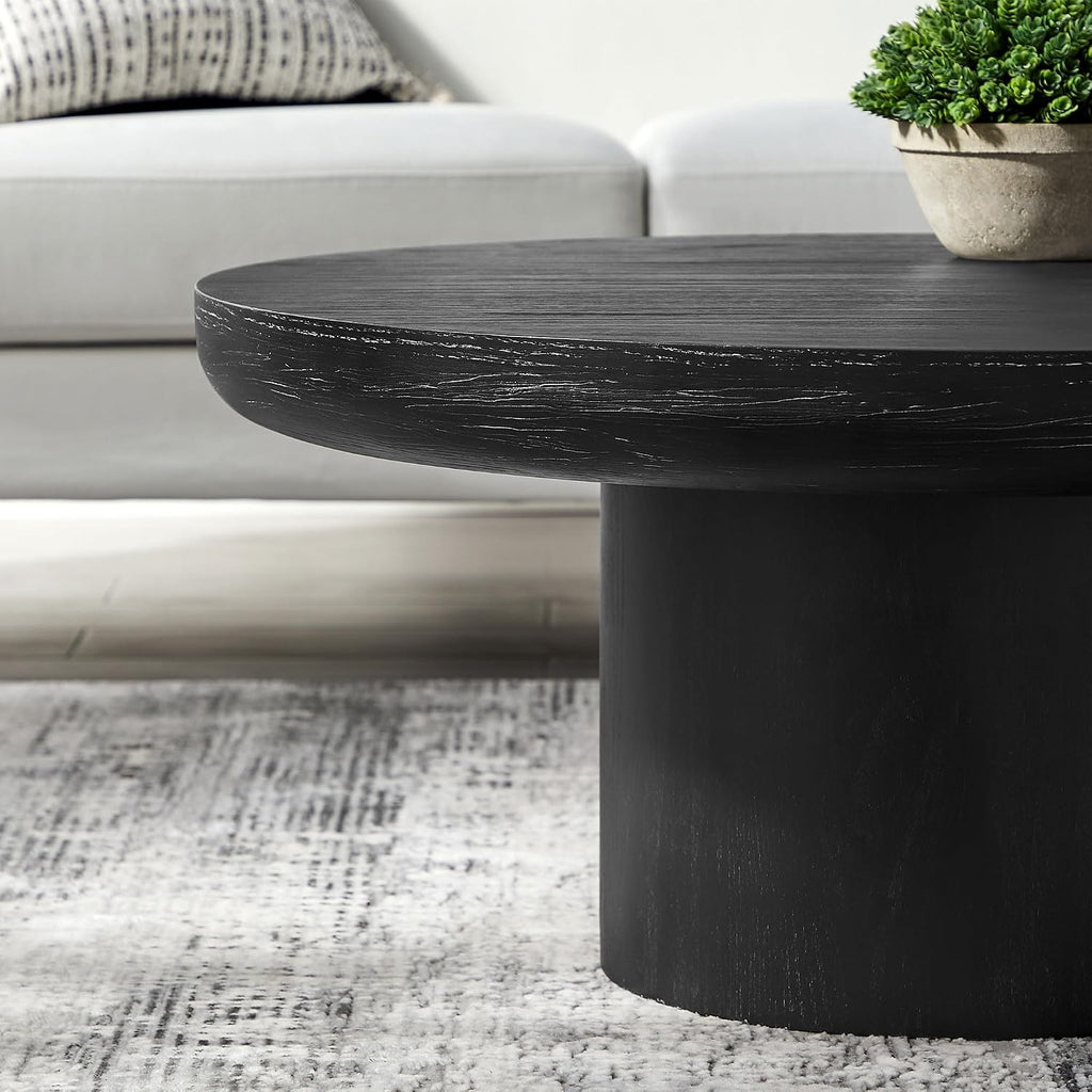 35.98'' Round Coffee Table, Circle Wood Black Coffee Table for Living Room, Modern Retro Style Pedestal Coffee Table, Easy Assembly, Black-ø35.98''