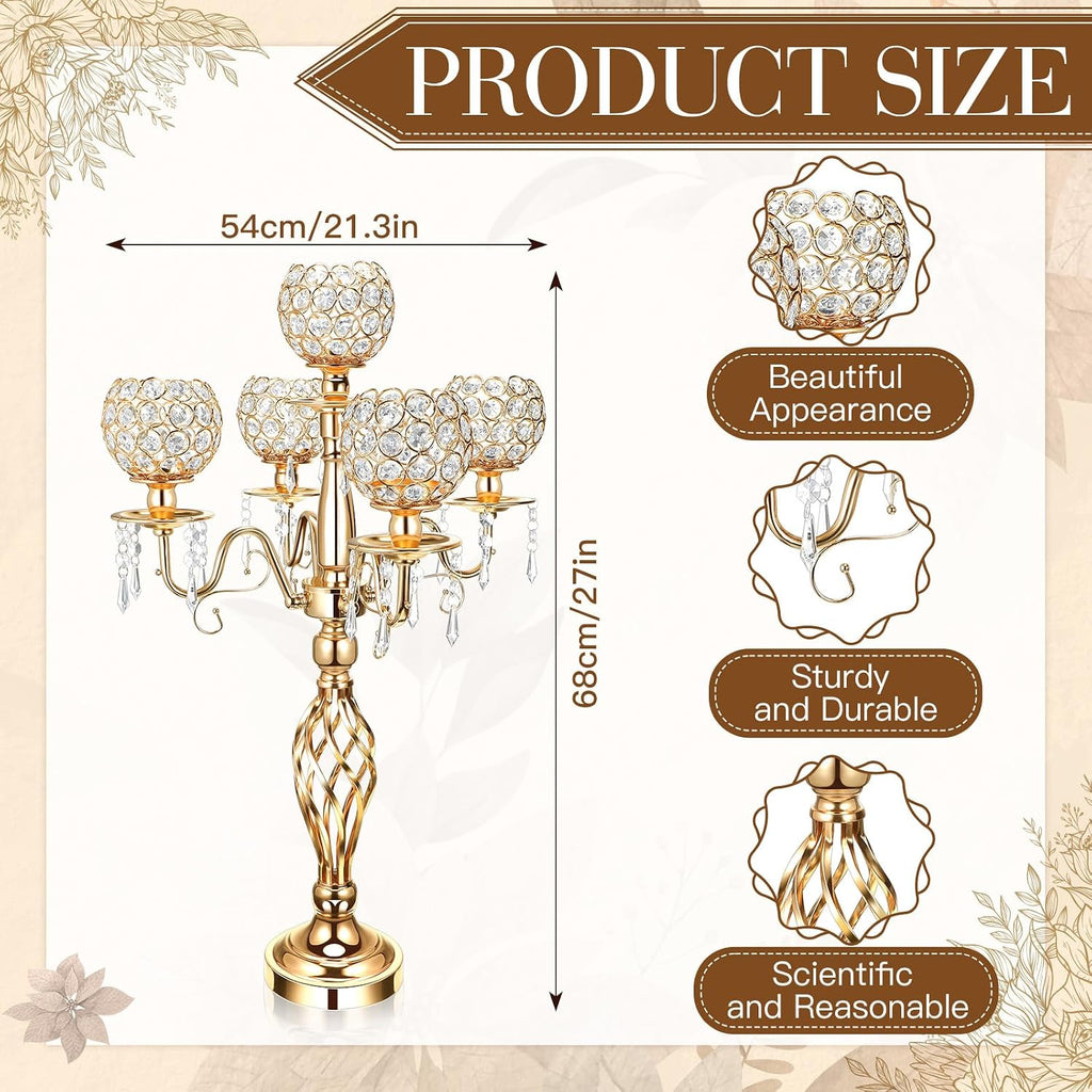 Nitial 4 Pcs 5 Arm Crystal Candelabra Centerpieces for Table 27 Inch Retro Victorian Crystal Candle Holders Bowl Table Centerpieces Decor for Wedding Banquet Valentine Dinner Party Event (Gold)