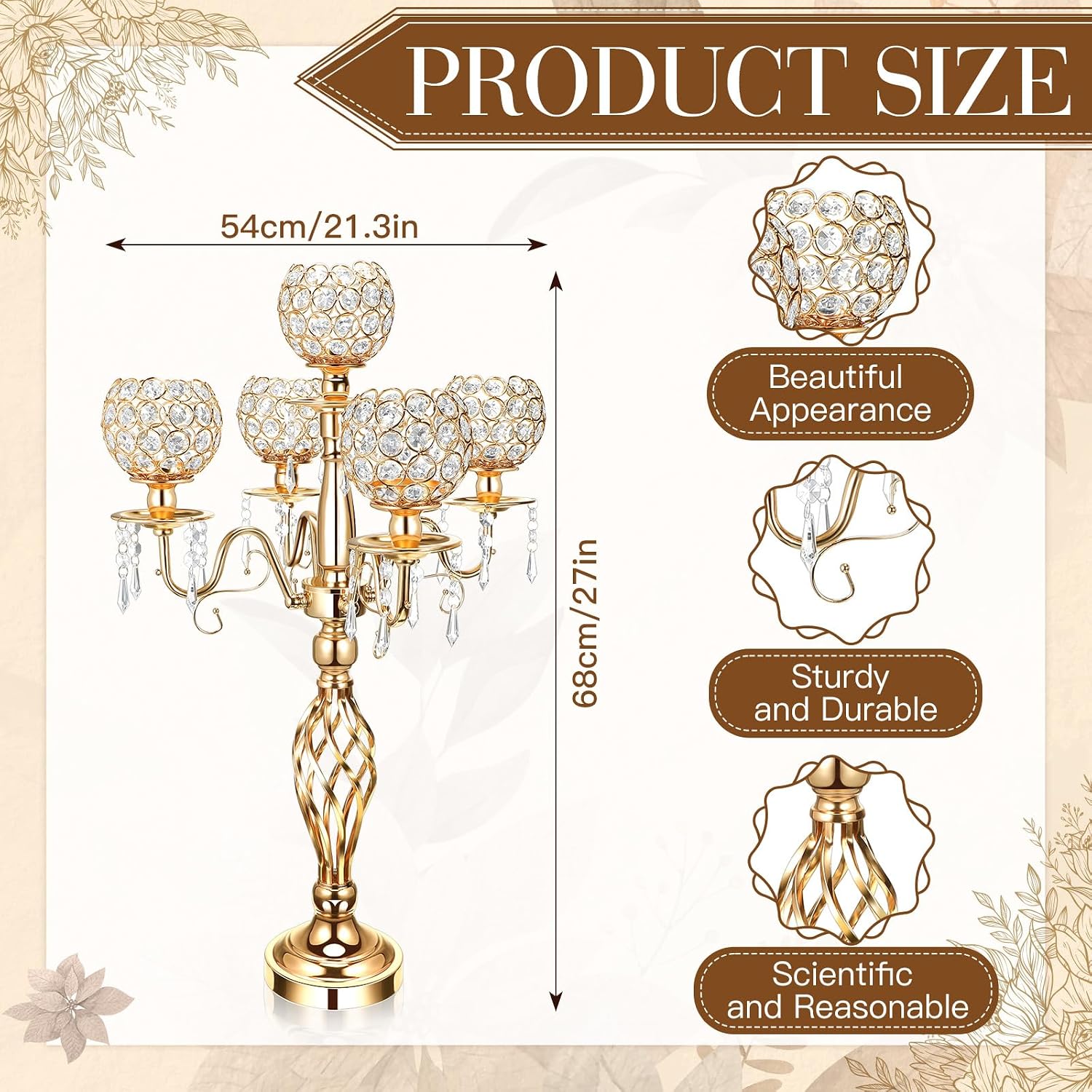 Nitial 4 Pcs 5 Arm Crystal Candelabra Centerpieces for Table 27 Inch Retro Victorian Crystal Candle Holders Bowl Table Centerpieces Decor for Wedding Banquet Valentine Dinner Party Event (Gold)