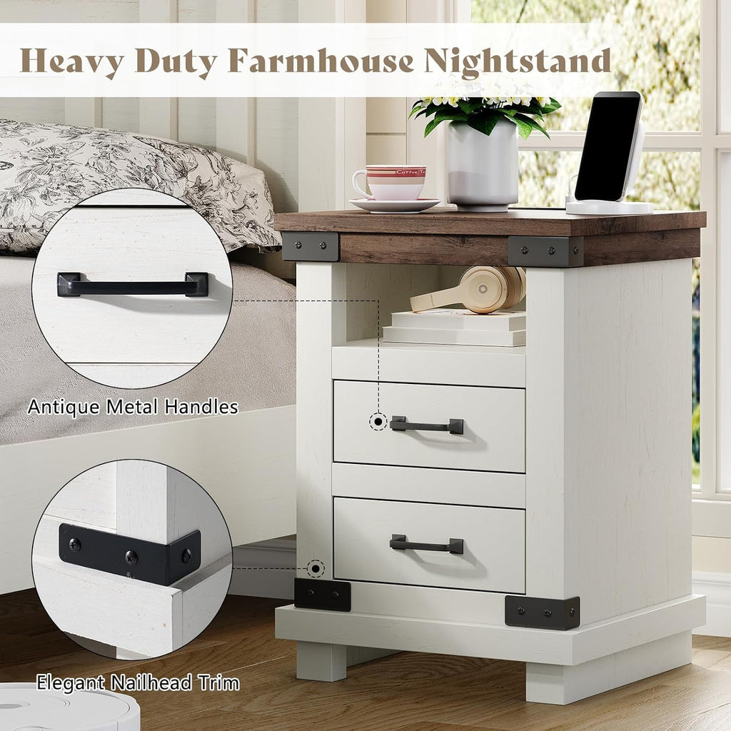 AMERLIFE Farmhouse End Table with Charging Station, 18' Wood Rustic Night Stand with 2 Storage Drawers, Heavy Duty Bedside Sofa Side End Tables for Bedroom, Living Room, Antique White