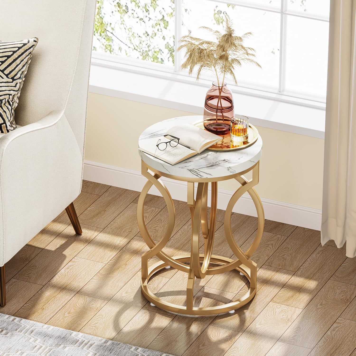 Tribesigns Modern Round End Table Set of 2, Multifunctional Accent Table Small Side Table for Living Room, White Gold with Faux Marble Top, 19.7'W x 19.7'D x 25.6'H