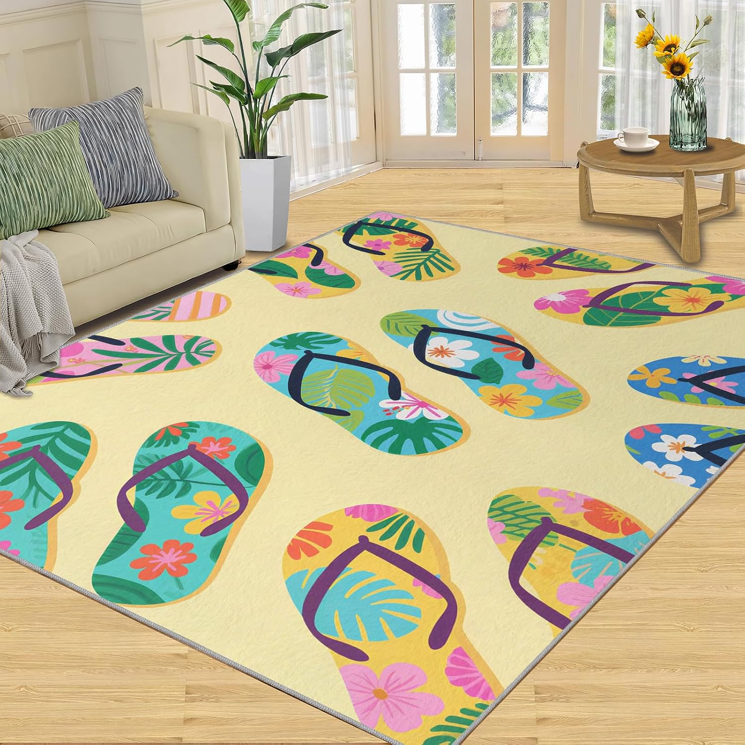 Flip Flop Rug 8x10 Large Rug Beach Theme Area Rug, Tropical Summer Washable Rugs for Bedroom, Hawaiian Beach Indoor Rugs - Home Decor, Boys Girls Gifts