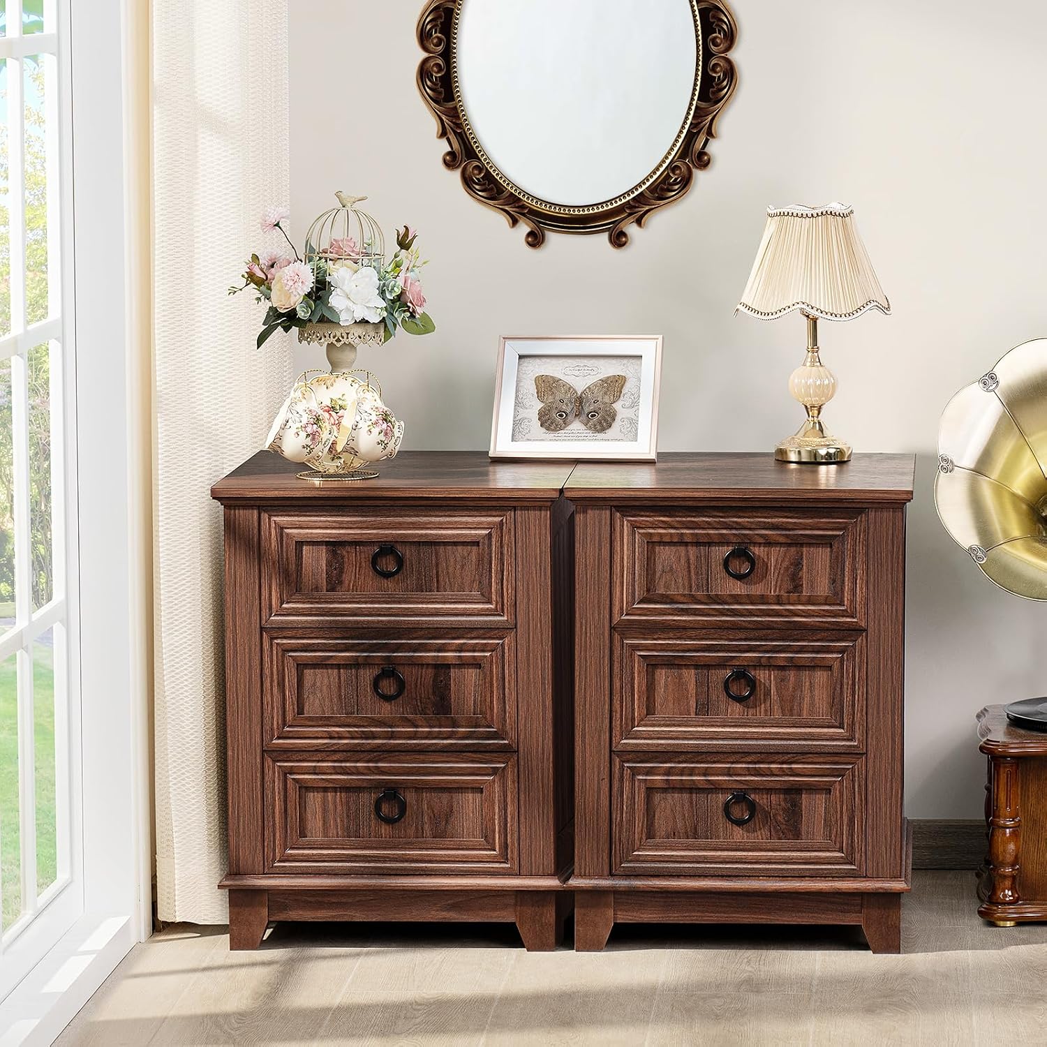 Joaxswe 18' Farmhouse Night Stand with 3 Drawers, Wood End Table Dresser for Bedroom, Retro Nightstand, Bed Side Table with Metal Handle, Bedside Cabinet for Bedroom Living Room, Closet
