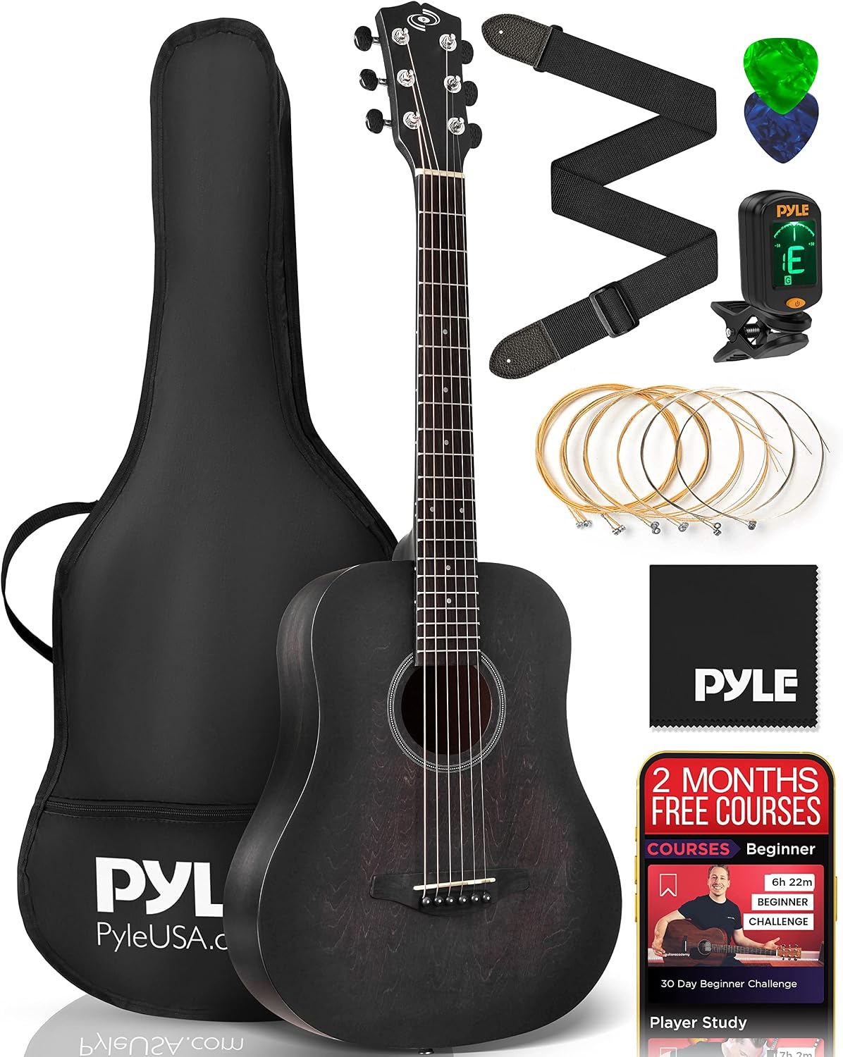 Pyle Acoustic Guitar Kit, 1/2 Junior Size All Wood Steel String Instrument for Beginner Kids, Adults, 34' Black Matte
