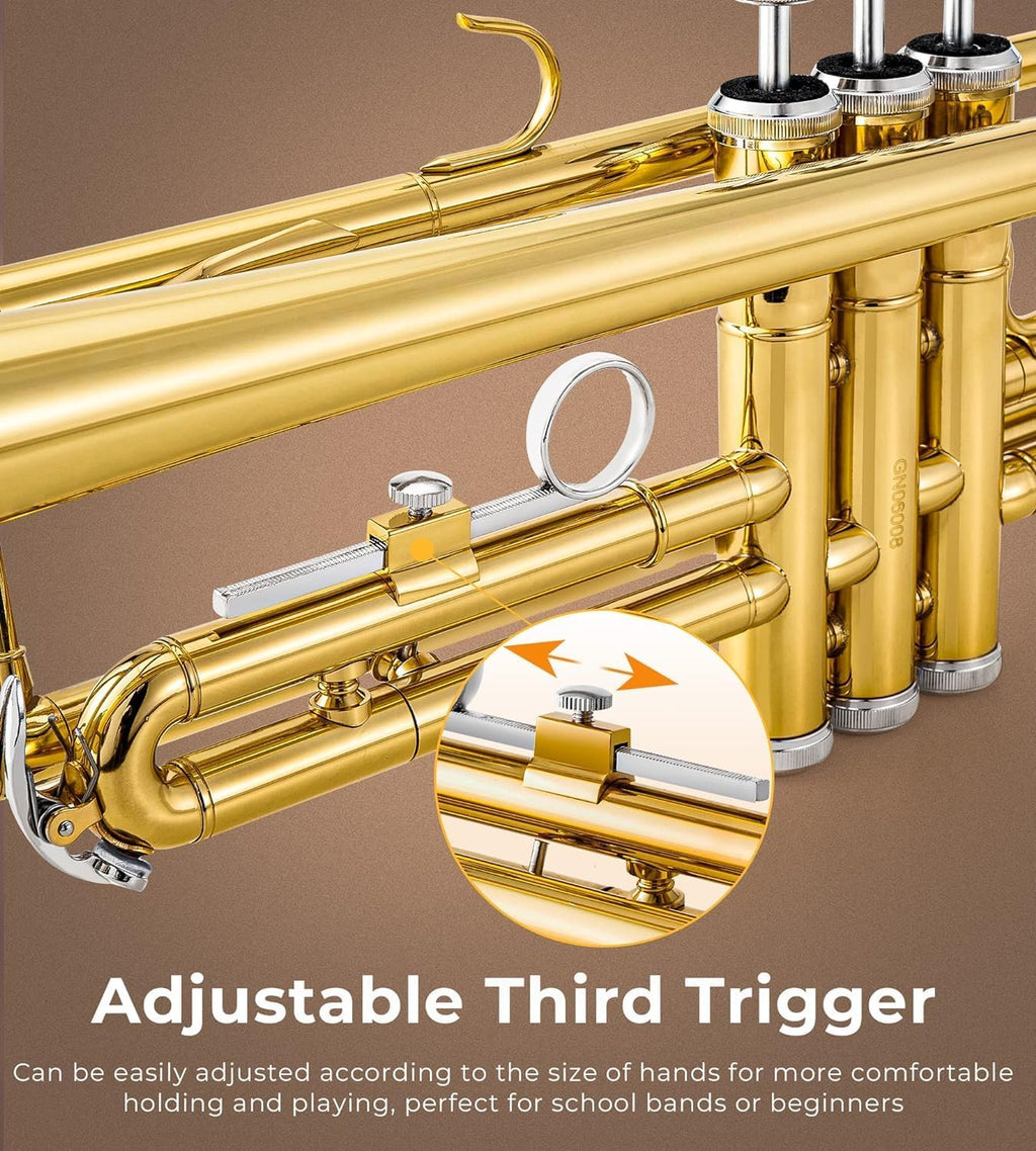 Vangoa Bb Trumpet Brass Standard Gold Trumpet Instrument for Student School Band Orchestra Adult Kid Beginner with Hard Case, Stand, Cleaning Kit, White Gloves, Valve Oil and 7C Mouthpiece