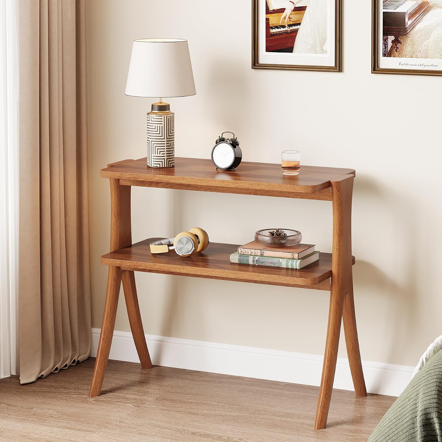 Tribesigns Walnut Side Table Set of 2, Narrow End Table with 2-Tier Storage Shelf and Solid Wood Legs, Slim Modern Bedside Table Nightstand for Living Room, Bedroom, Small Spaces (2)