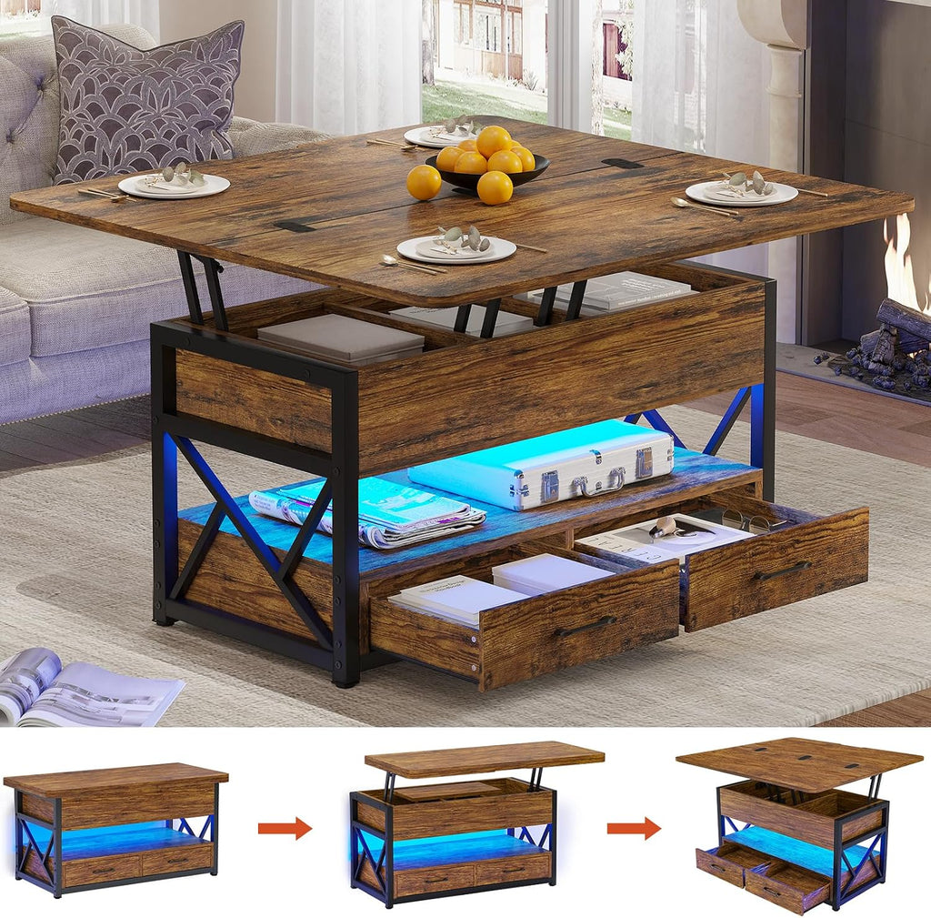 Itaar 40' Lift Top Coffee Table, 4 in 1 Coffee Tables with Storage for Living Room, Small Farmhouse Coffee Table with 2 Drawers & LED Light for Dining Reception Room, Rustic Brown