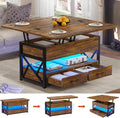 Itaar 40' Lift Top Coffee Table, 4 in 1 Coffee Tables with Storage for Living Room, Small Farmhouse Coffee Table with 2 Drawers & LED Light for Dining Reception Room, Rustic Brown