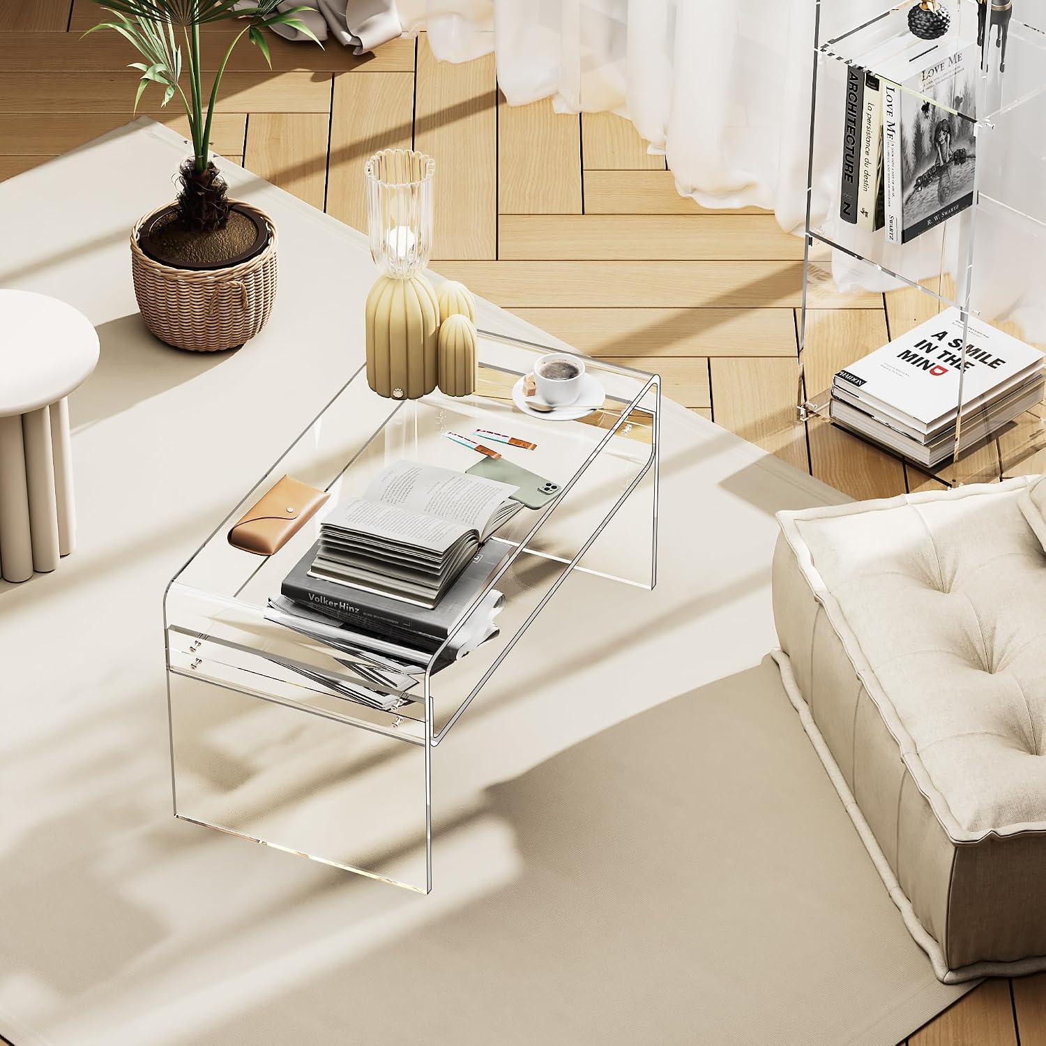 Acrylic Coffee Table for Living Room Clear Rectangle Lucite Table with Open Storage Shelf (1, Clear, Nomal)