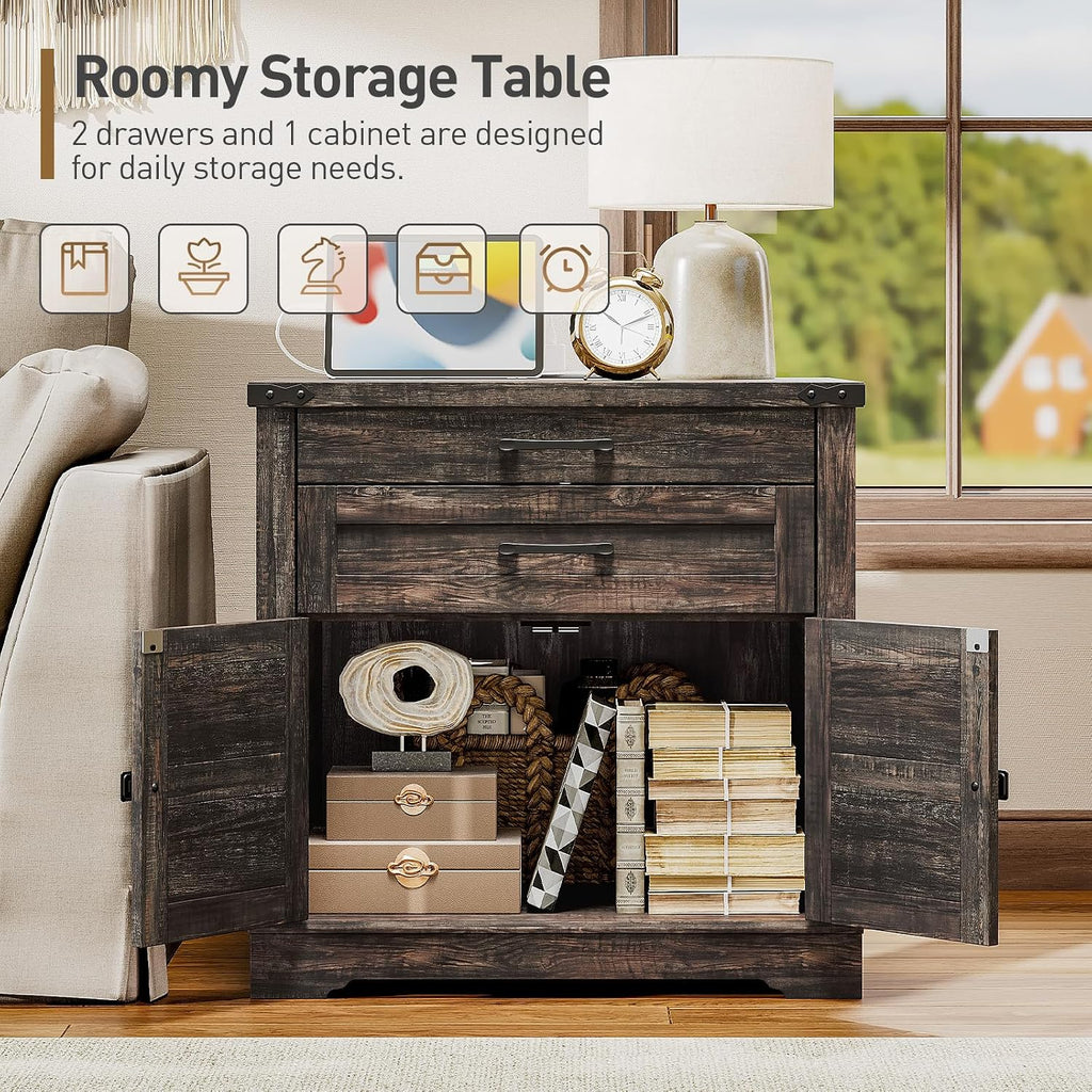 RALGEND Farmhouse End Table with Charging Station, 24'' Sofa Side Table with 2 Drawers and Barn Door, Large Rustic Wooden Square Nightstand for Bedroom, Living Room, Dark Rustic Oak