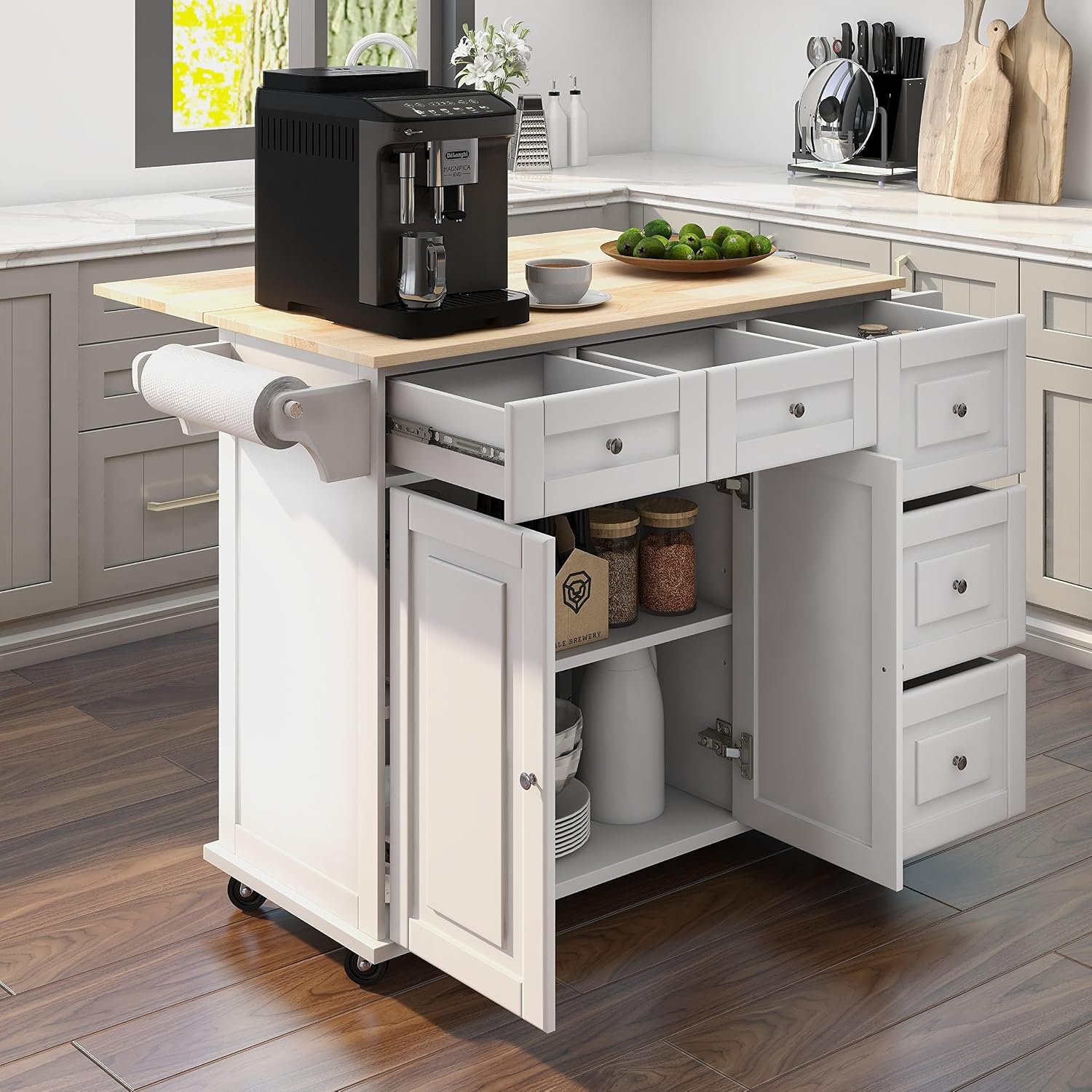HOMREST 52' Mobil Kitchen Island Cart with Storage, Rolling Island with Drop Leaf and Rubberwood Countertop, Spice Rack, Adjustable Shelves and 5 Drawers, Island Table for Kitchen, White