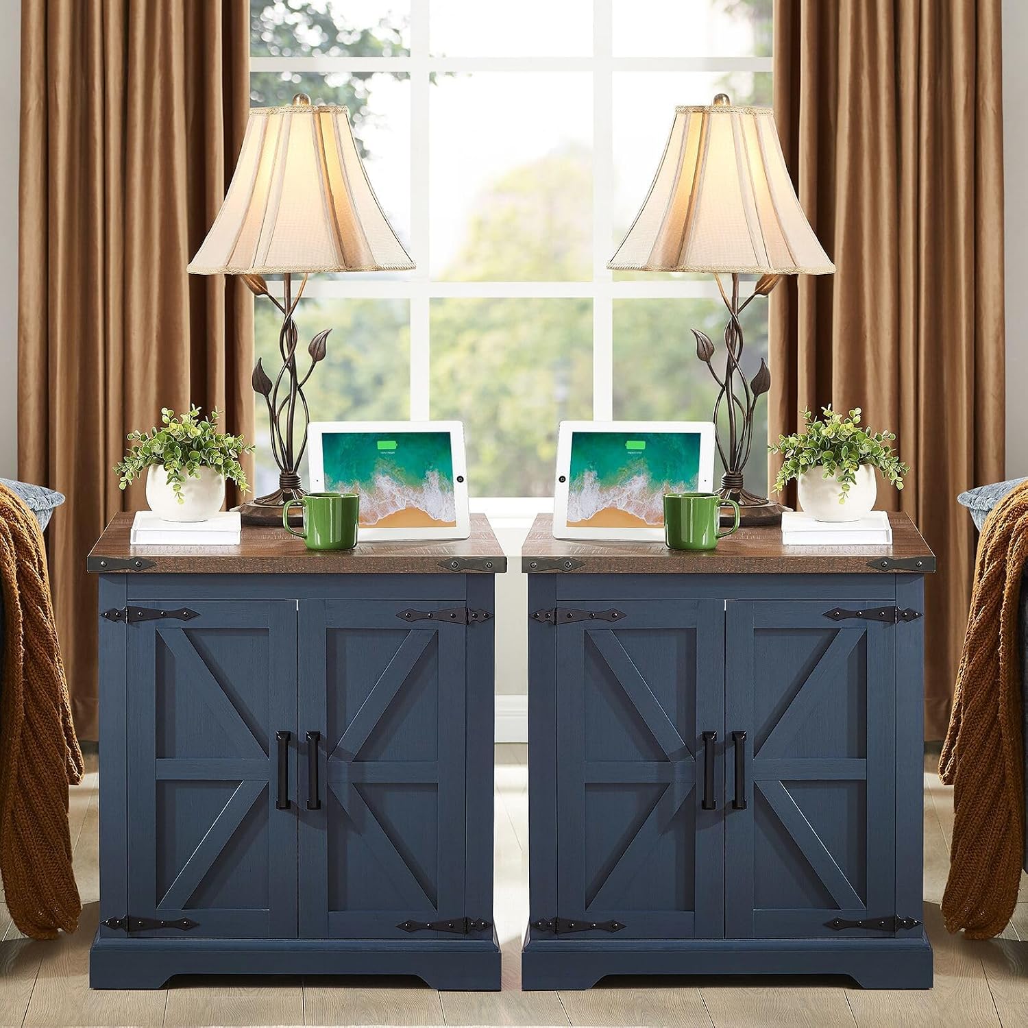 Barnyatoh Farmhouse End Table with Charging Station,24' Large Side Table with Barn Door, Wood Square Nightstand Bedside Table with Adjustable Storage Shelf for Living Room, Bedroom,Navy Blue 2-Pack