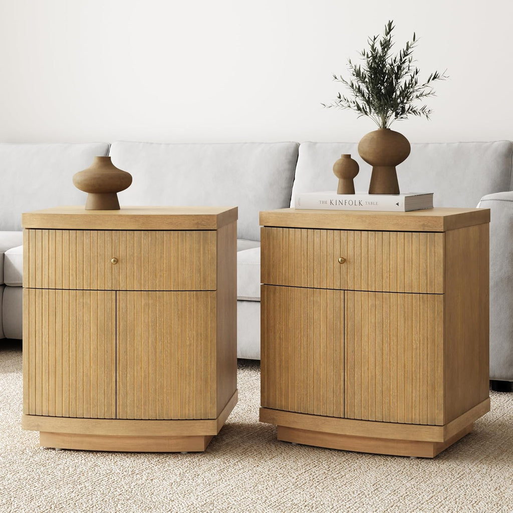 Nathan James Tambellini Mid Century Modern Nightstand, Bedside Table with Drawer and Cabinet Storage, Solid Wood Legs and Fluted Door Fronts, Light Brown Set of 2