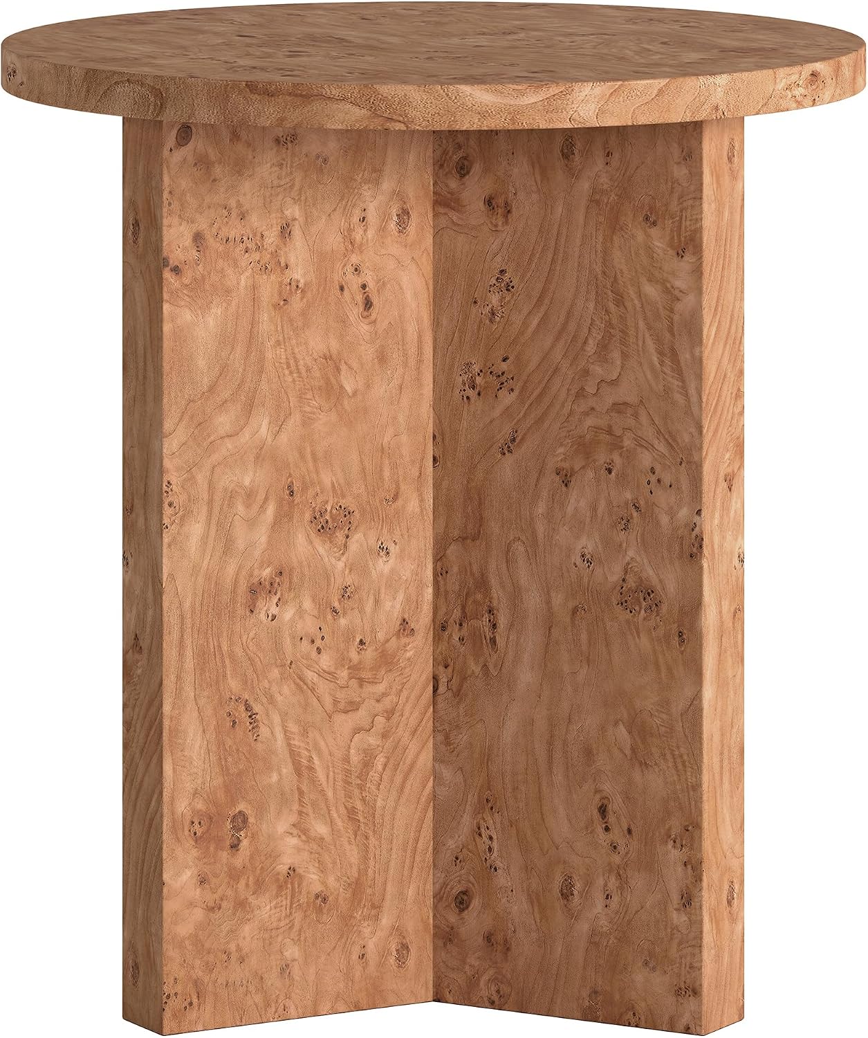 Henn&Hart 20' Scandinavian Round Wooden End Table, Side Table, Nightstand with X-Base for Living Room, Office, Family Room, or Bedroom, Caramel Burl