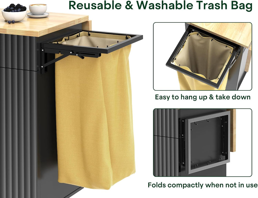 43.3' x 29.5' Kitchen Island with Drop Leaf, Rolling Kitchen Island on Wheels with Removable Trash Bag, Kitchen Island Cart with Storage Cabinet, Drawers & Spice Rack, Black