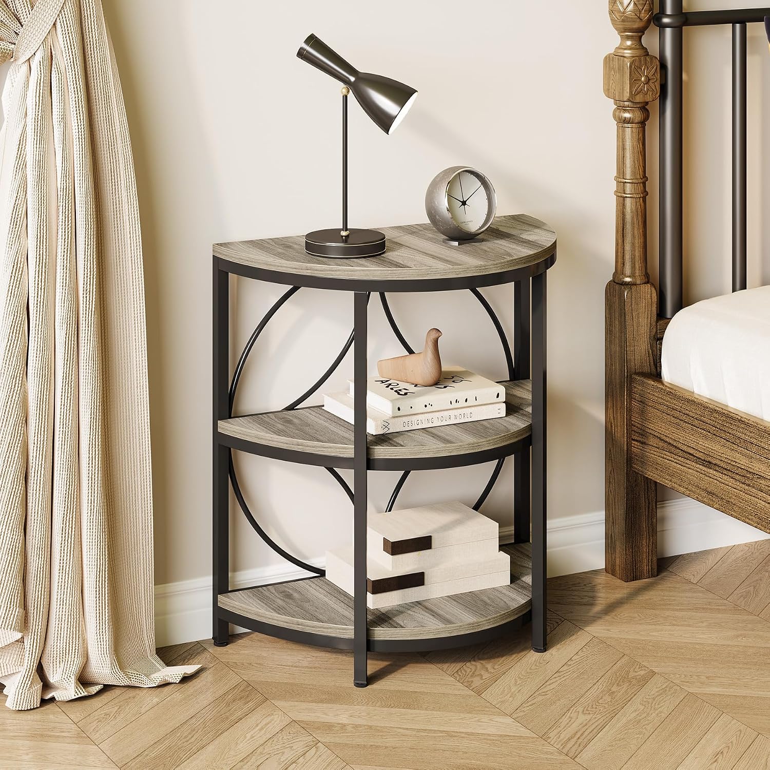 LITTLE TREE Small Half-Round Side Table Set of 2, 3-Tier Grey Wooden Accent Table for Living Room, Bedroom, Sofa