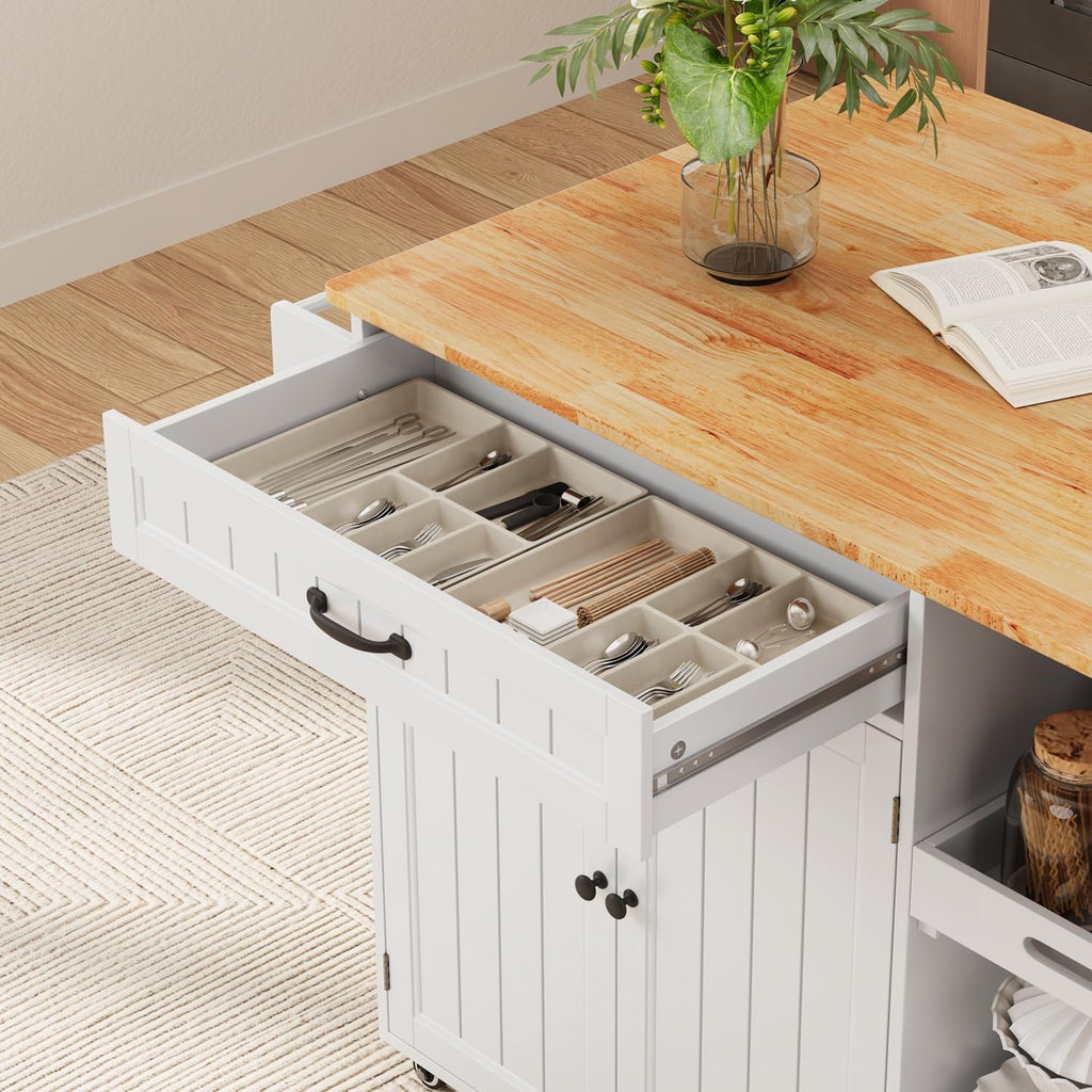 Gizoon Update Kitchen Island, 41.7' W Kitchen Island with Storage, Rolling Island Table on 5 Wheels, with Drop Leaf, Refrigerator Door, Adjustable Shelf, Spice/Towel Rack, Removable Tray, White