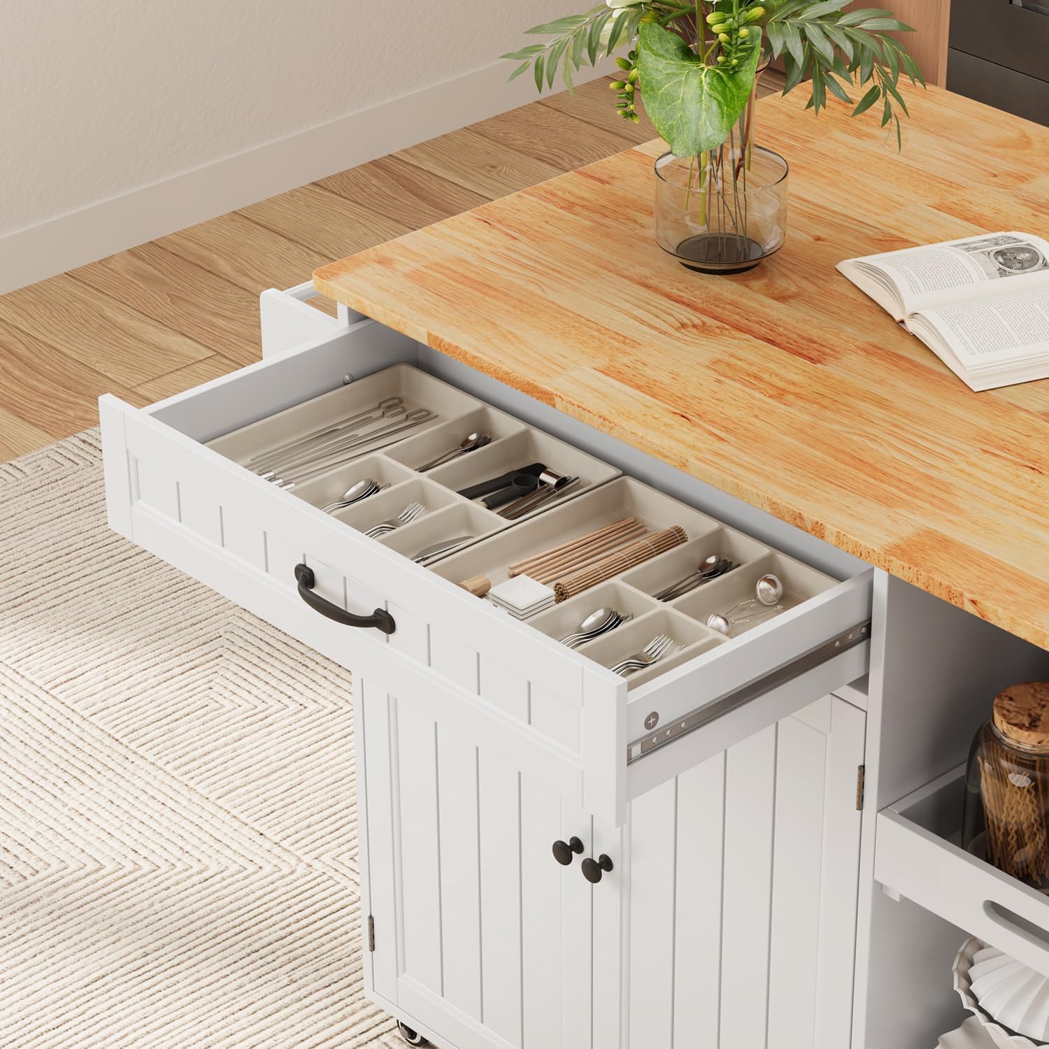 Gizoon Update Kitchen Island, 41.7' W Kitchen Island with Storage, Rolling Island Table on 5 Wheels, with Drop Leaf, Refrigerator Door, Adjustable Shelf, Spice/Towel Rack, Removable Tray, White