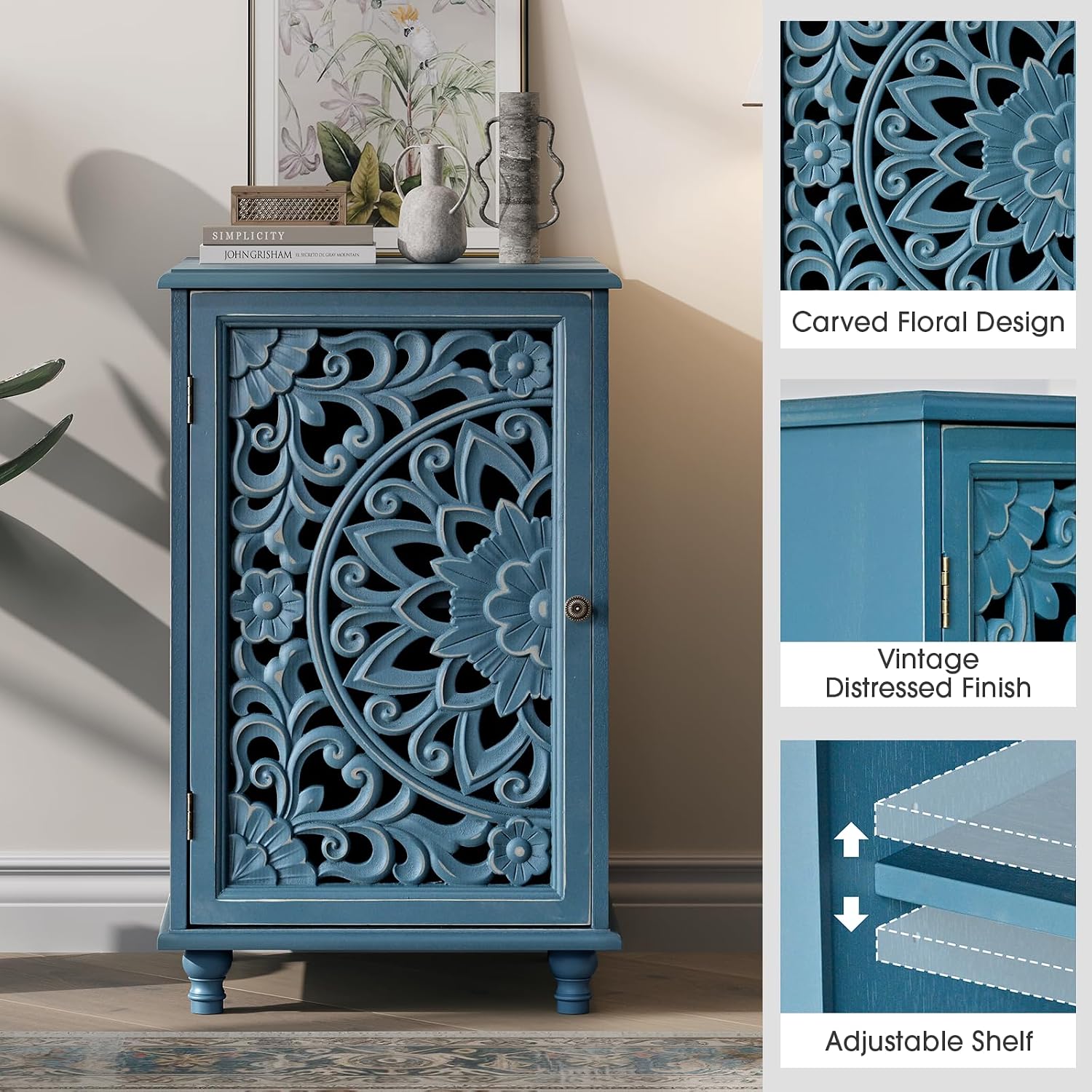 JOINICE End Table with Storage, 28' Tall Blue Side Table with Carved Door & Adjustable Shelf, Small Accent Cabinet with Solid Wood Legs for Living Room & Bedroom, Distressed Farmhouse Style